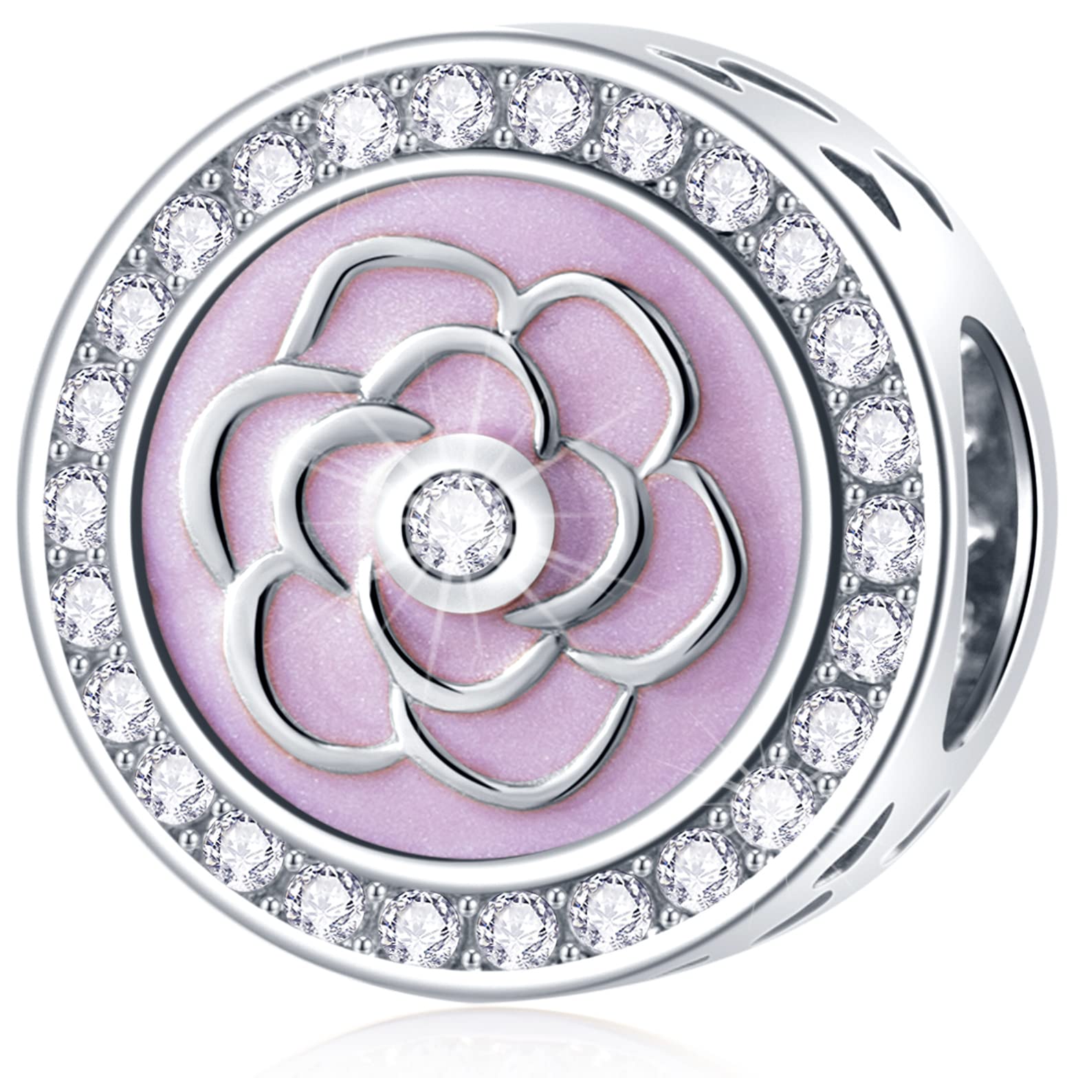 Pink Blooming Rose Flower Charms, fits Pandora Women Bracelet, 925 Sterling Silver Enamel Flower Round Beads with Clear CZ, Daughter/Son Gift for Mother/Aunt/Best Mum/Grandmother