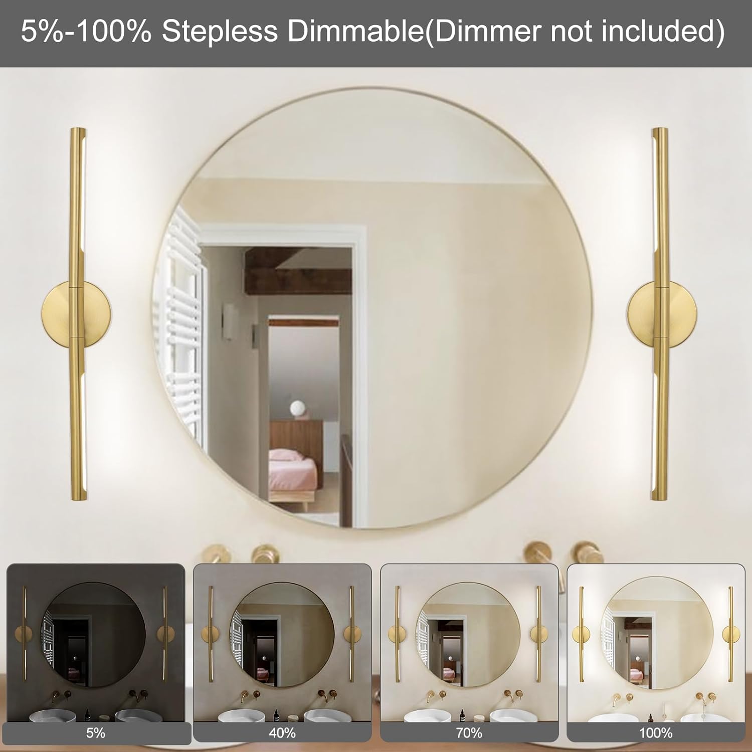 Gold Bathroom Light Fixtures Over Mirror 24 Inch, 18W 360° Rotatable Dimmable 4000K Led Brass Vanity Lighting Fixture, Brushed Gold Bathroom Vanity Lights Above Mirror