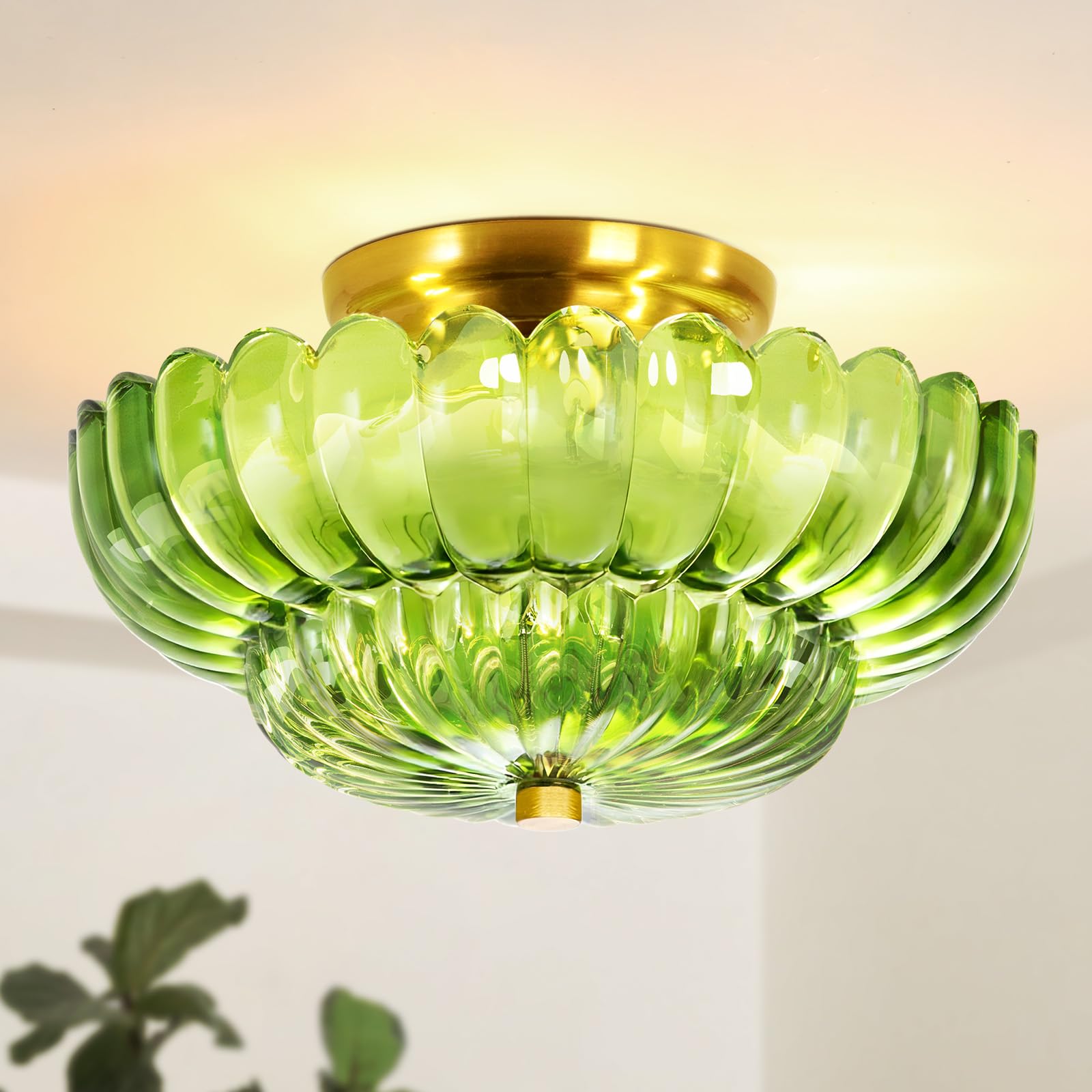 Semi Flush Mount Ceiling Light Fixture Vinatge Gold Ceiling Lights Mid Century Modern Green Glass Close to Ceiling