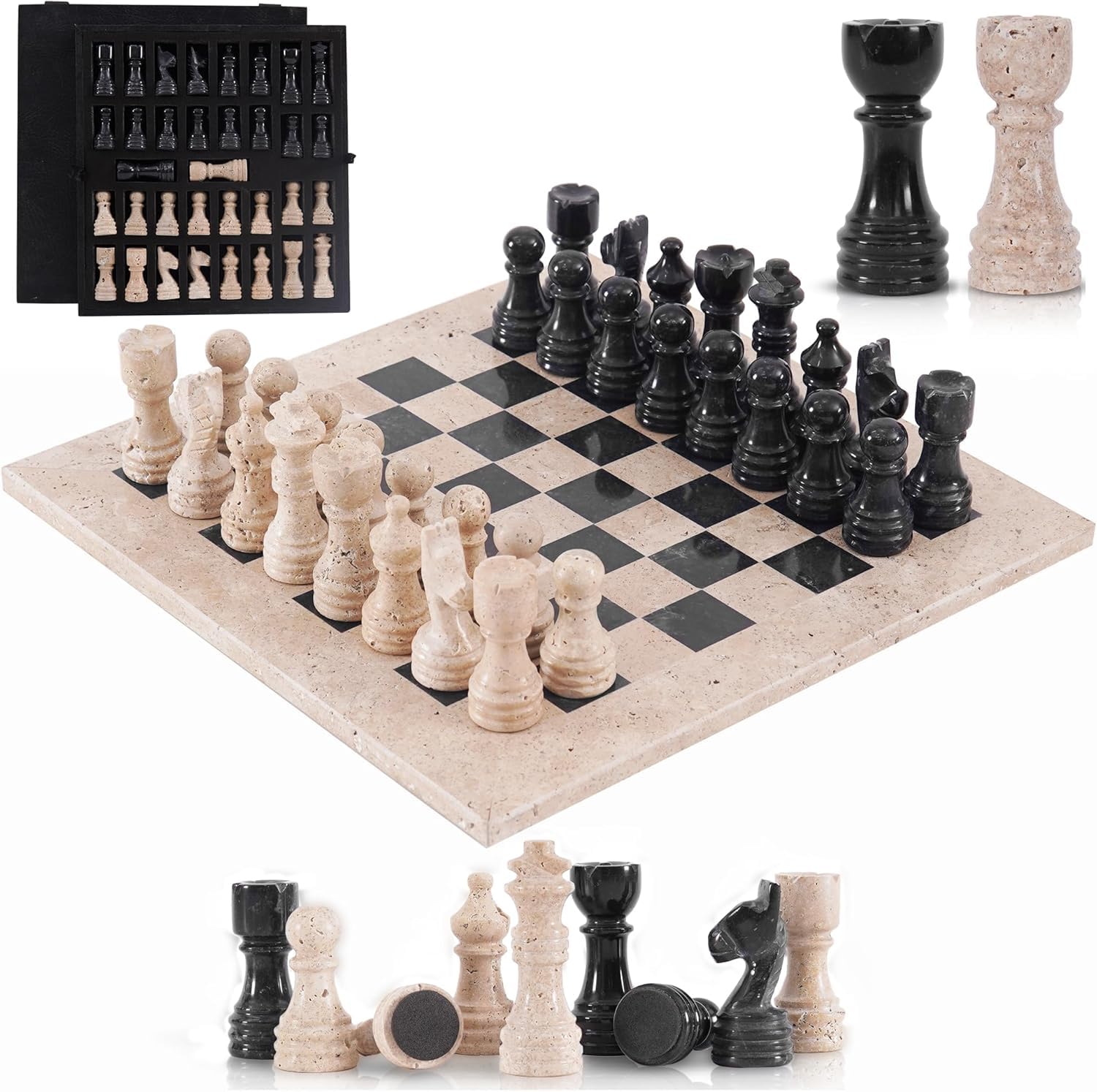 SPESHSTONES Marble Chess Set for Adults 12 Inch Handmade Travertine and Black Chess Board Games with Storage Box, Travel Chess Game with 32 Chess Pieces & 2 Extra Queens, Gifts & Home Décor