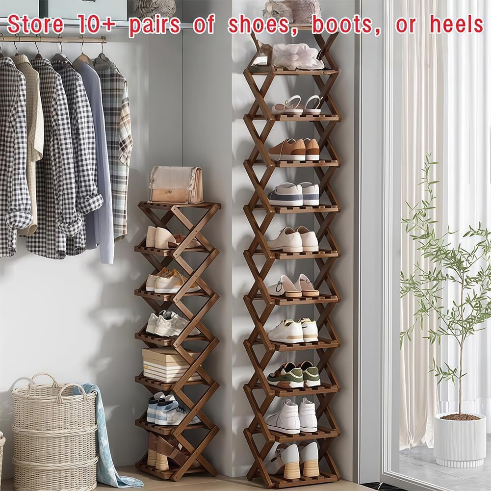 The 9-Tier No-Assembly Bamboo Rack, Foldable 9 Tier Bamboo Shoe Rack, Foldable Accordion Corner Shoe Shelf for Tiny Closets, Narrow hallways, or Cozy Apartments (Brown,3nd Floor)