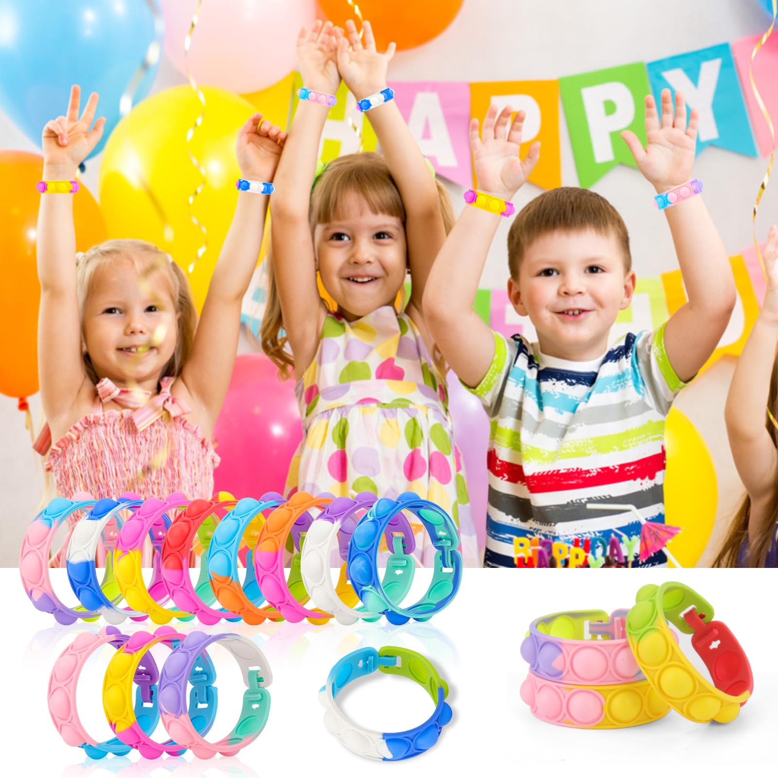 Bracelet Enfants Réglable en Silicone Doux, 30 Pièces, 15 Couleurs, Cadeau Anniversaire