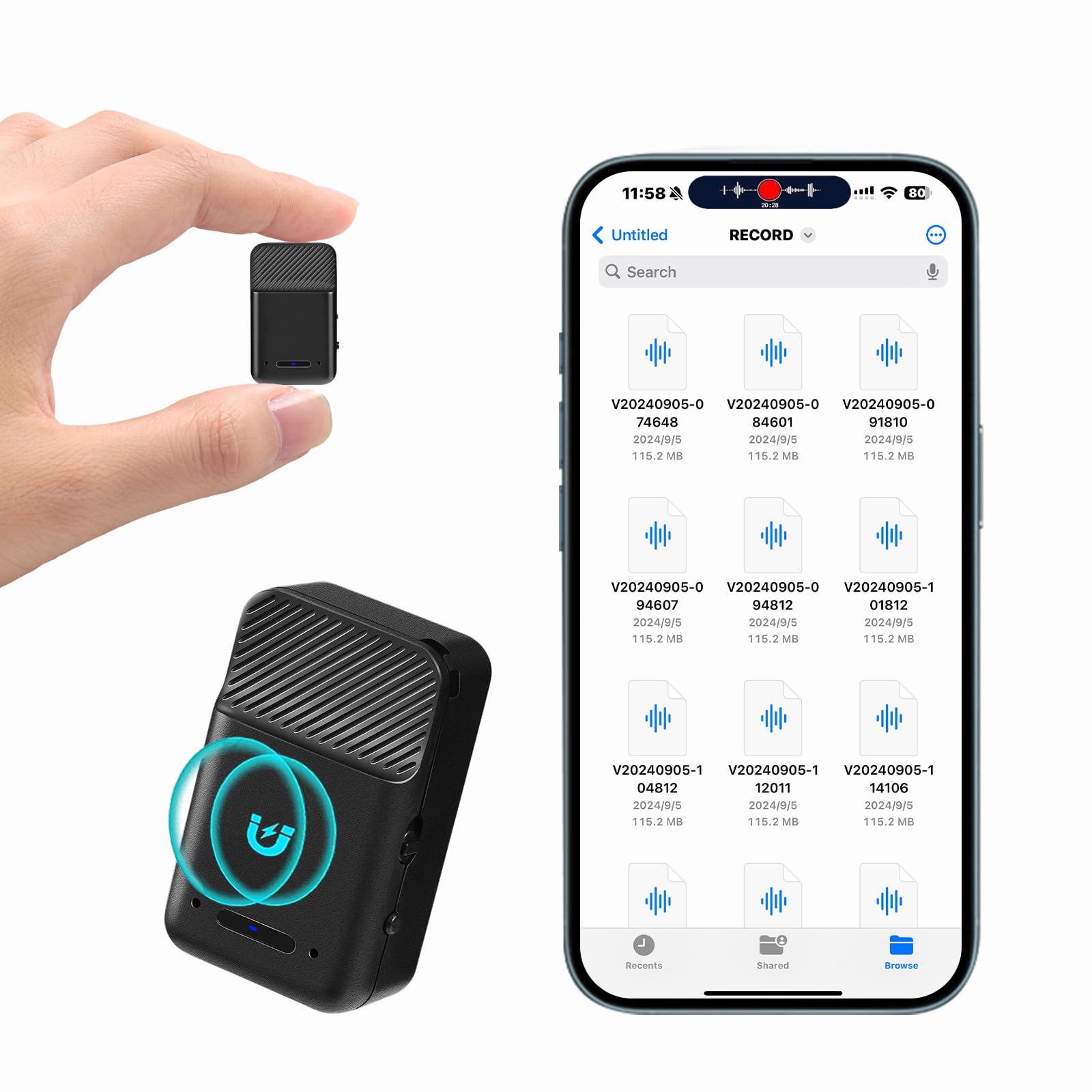 Mini registratore vocale: grande memoria da 64 GB, registrazione attivata vocale, durata della batteria di 72 ore, design ultraportatile, microfono con cancellazione del rumore, ideale per