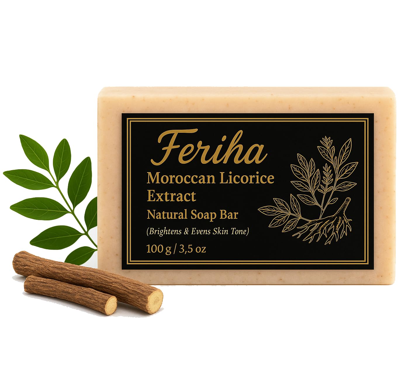 FERIHA Moroccan Licorice Brightening Soap Bar  Handmade with Licorice Root Extract, Argan Oil & Mineral Clay for Glowing, Even Skin Tone, Natural Face & Body Cleanser, 3.5oz