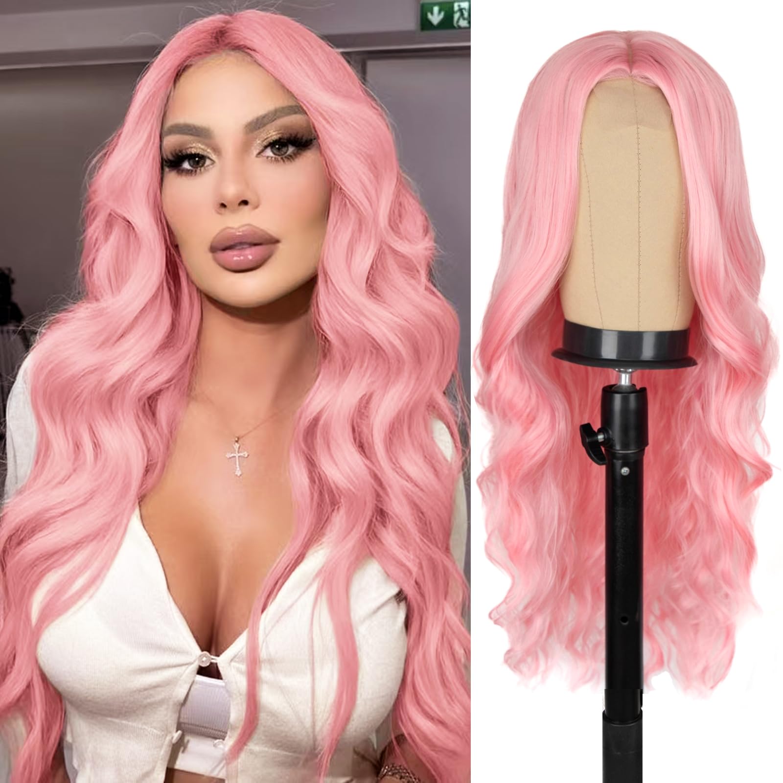Long Pink Wig for Women 26 Inch Middle Part Wavy Women Charming Hair Realistic Natural Looking Synthetic Heat Resistant Fiber Wig for Daily Party Use