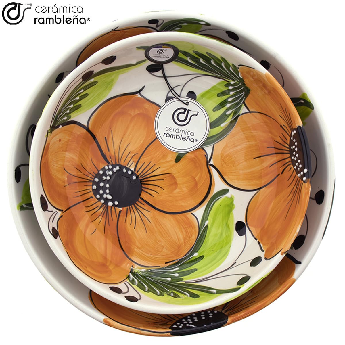 CERAMIKA RAMBLEŃSKA | Ceramiczna miska do sałatek | Oryginalne salaterki | Zestaw x 2 dekoracji misek do sałatek pomarańczowych - model 27 | Dekoracja w 100% ręcznie robiona | 24x24x5,5 cm + 27x27x7
