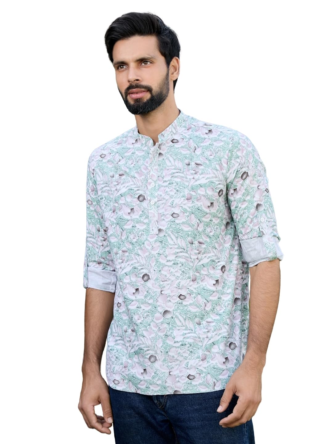 See Designs Men's Roll-Up Sleeve Mandarin Collar Green Tropical Printed Rayon Short Kurta - Sdkt2936L
