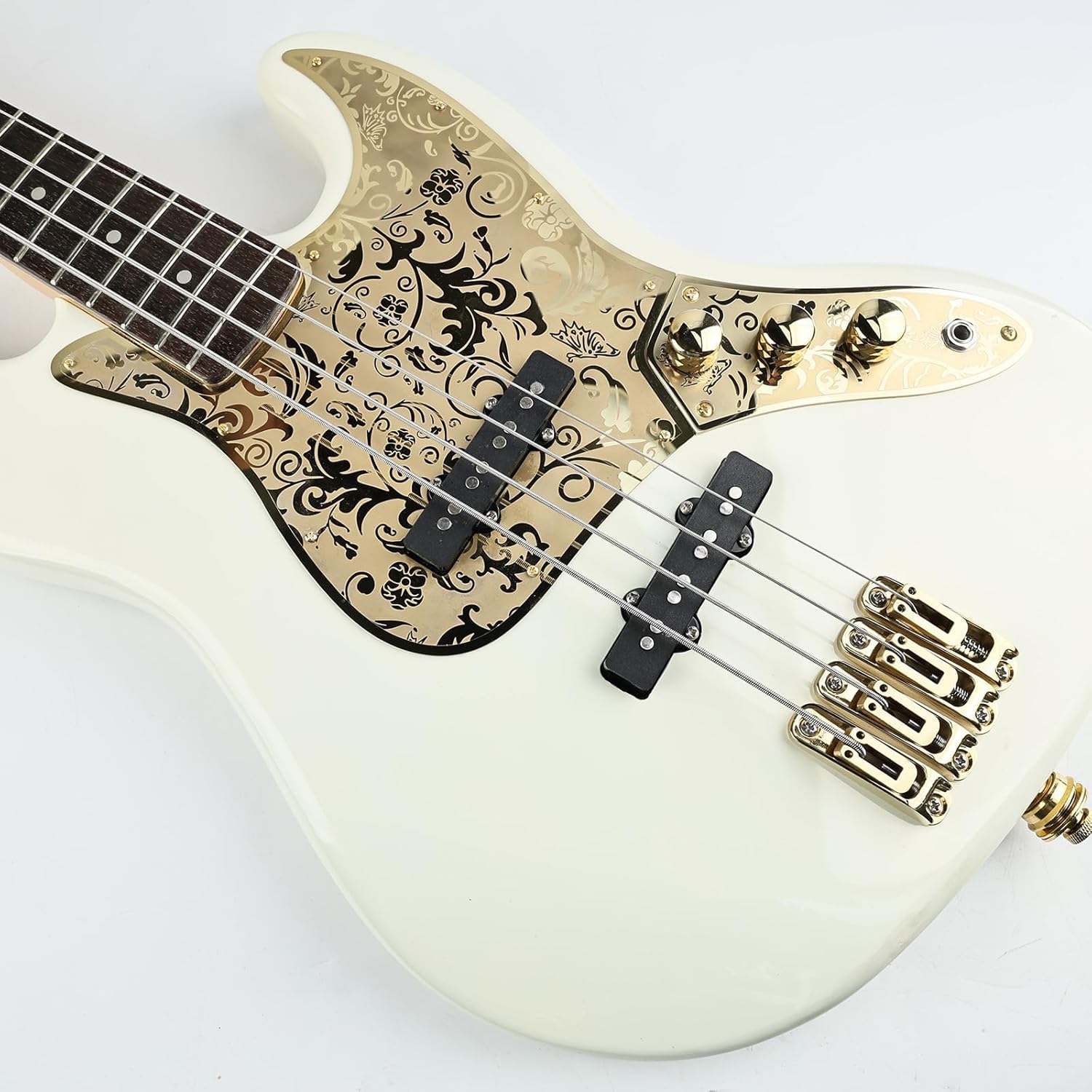 Stainless Steel J Bass Pick Guard Scratch Plate 10 Hole Engraved Metal Bass Pickguard with Mounting Screws Compatible with USA/Mexican Standard FD Jazz 4-String Bass Parts(Gold)
