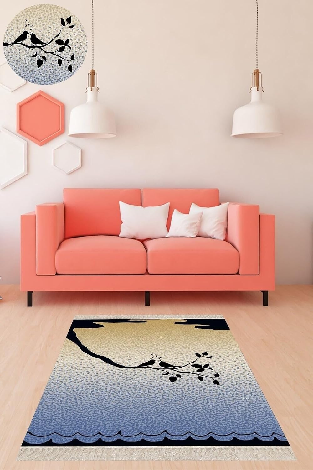 On The Clouds Kuş Desenli Dijital Baskı Yıkanabilir Kaymaz Taban Modern Salon Halı BFOMIX17, 80 x 400