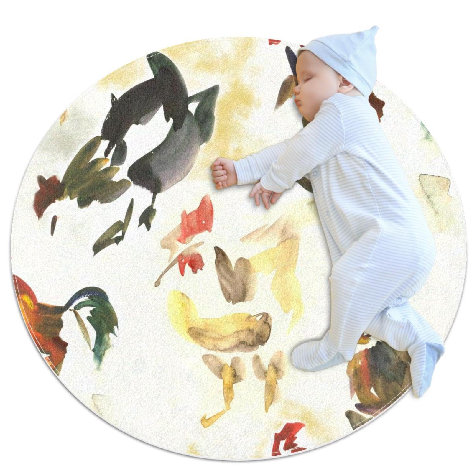 Tapis de salle de bain imprimé coq poules camomille rond 1m de diamètre