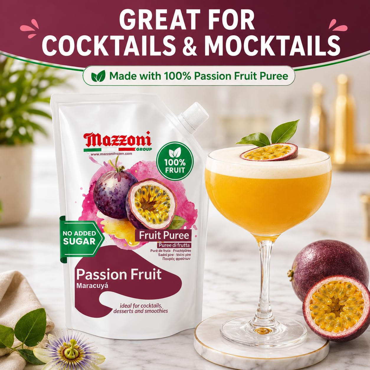 Mazzoni - Puré de zumo de maracuyá, 100% maracuyá, 2,2 libras (35,2 onzas) Solo fruta, sin azúcar añadido, sin semillas. Mezclador de frutas real para cócteles, batidos, bebidas, zumo de fruta, bolsa