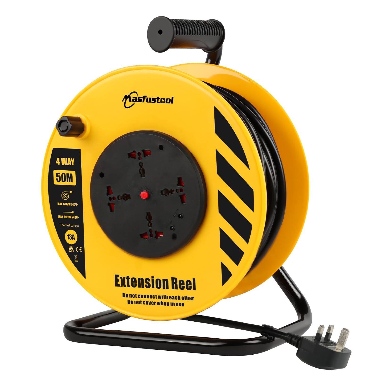 50M Extension Outdoor or Indoor Lead, 4 Socket Extension Reel, Heavy Duty Extension Cable, Thermal Cut Out, UK Outdoor Plug, Extension Lead for Garden, Garage, Camping