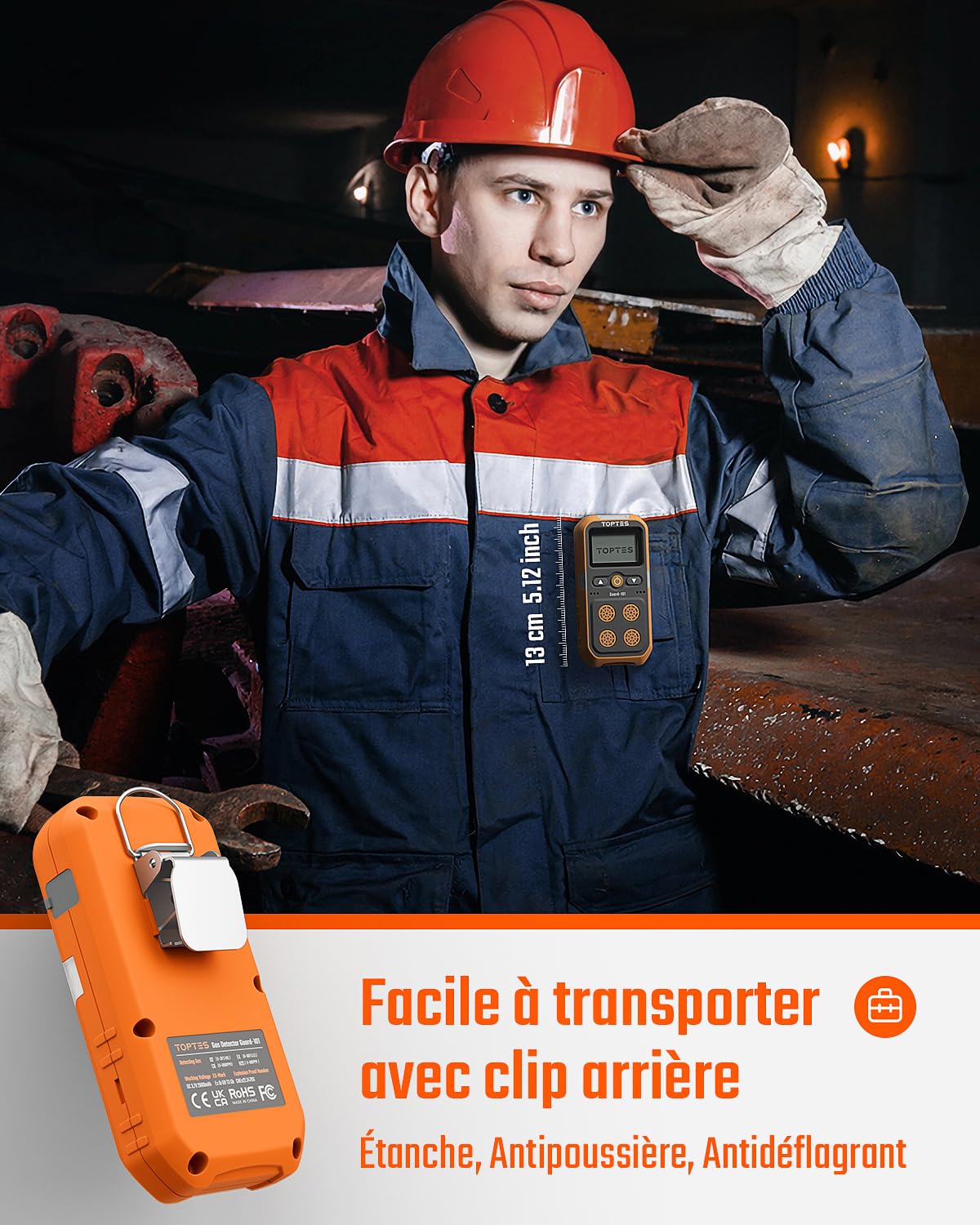 TopTes Guard-101 Détecteur De Gaz, Moniteur 4 Gaz pour H2S, CO, LEL Et O2, avec Alarme Vibrante, Visuelle Et Sonore, 14 Heures D'Autonomie, Antidéflagrant, pour Travail Et Maison - Orange