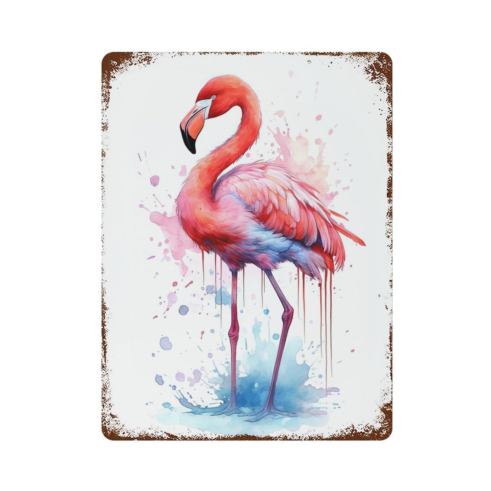 Weathered Tin Sign Pink Watercolor Flamingo 15.7"x11.8", Novelty Wall Decor for Basement, Hobby Room And Garage Decor