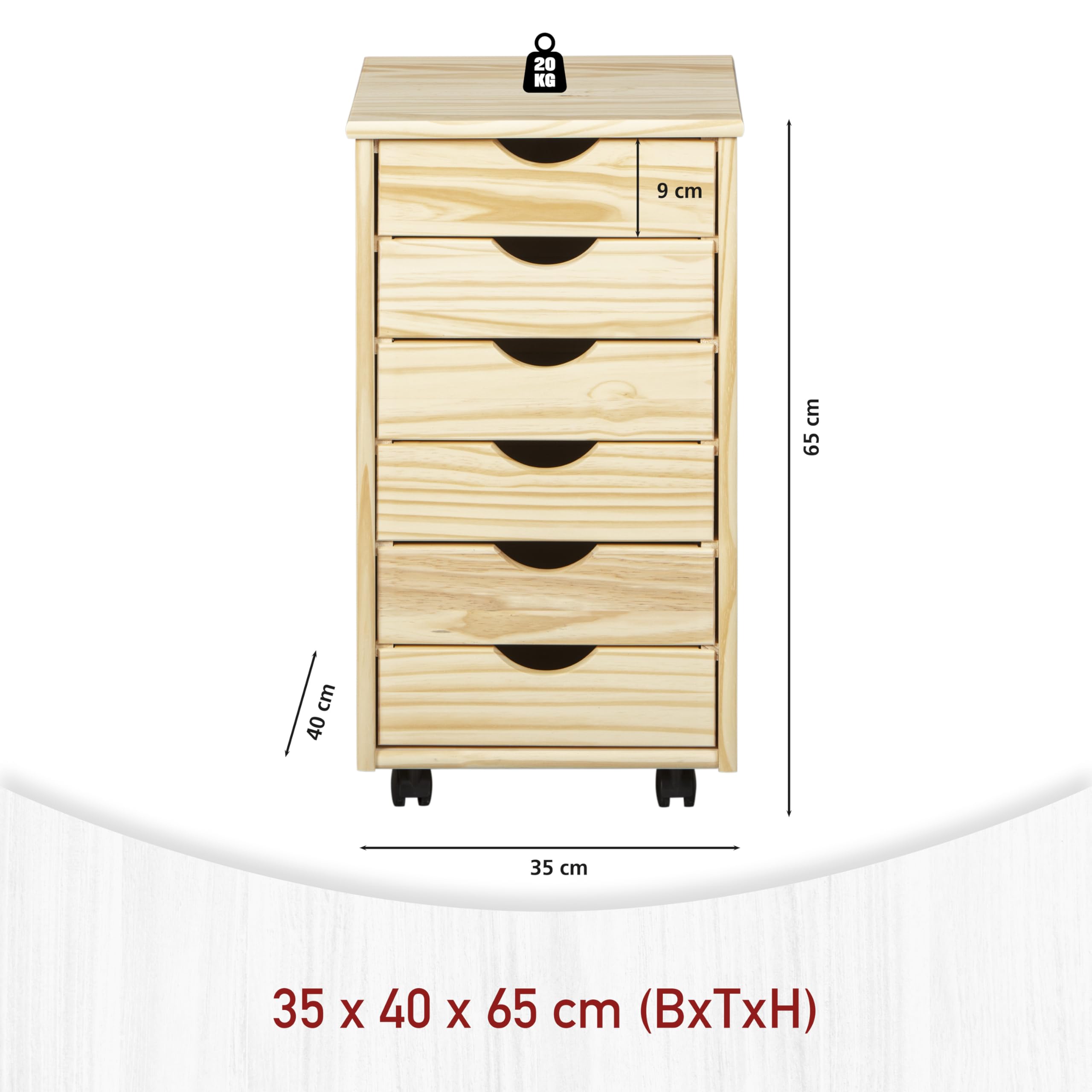 Inter Link - Caisson roulant - Caisson roulant 6 tiroirs - Caisson bureau - Armoire roulante - Chariot à tiroirs - Pin massif - Naturel laqué - LxPxH : 35x39x66 cm - Nils