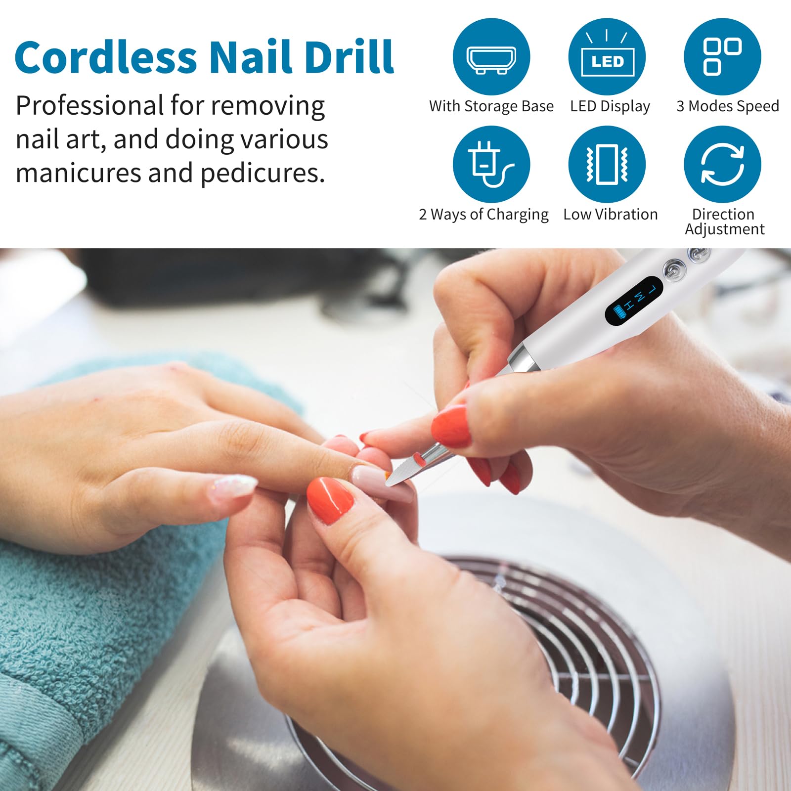 Lnopever 12 in 1 Electric Nail File for Acrylic and Gel Nails Cordless Electric Nail Drill with Base 3 Speeds E File Efile Nail Pedicure Tools & Accessories Women Gifts for Mum Beginner Girl - Image 4