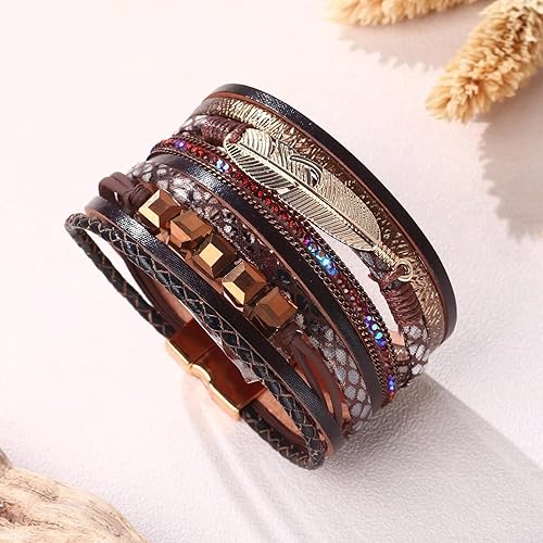 Miniatura 7 de Fesciory - Pulsera de leopardo para mujer, estilo bohemio de cuero multicapa con perlas de cristal