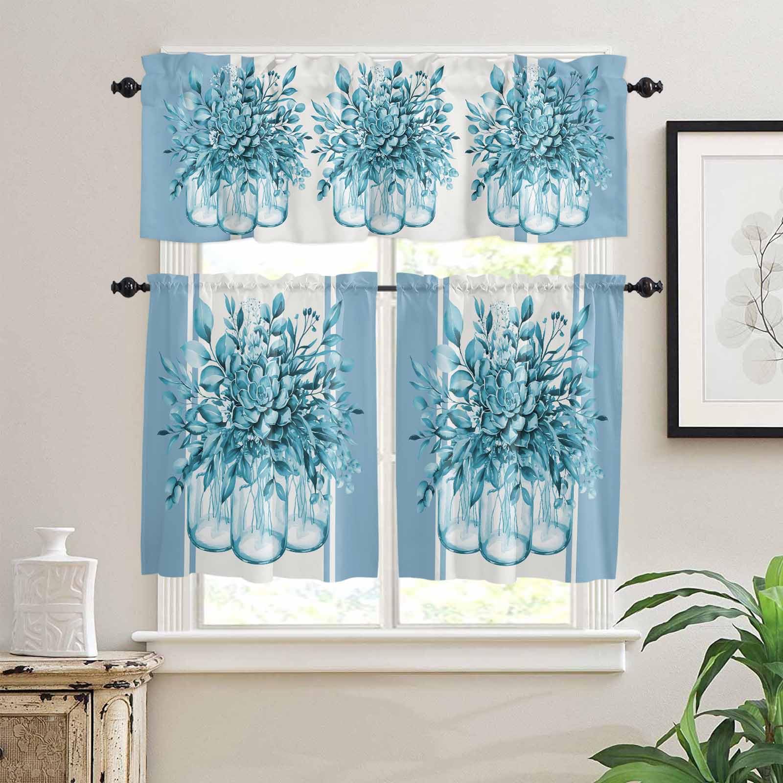 Eucalyptus Aqua Kitchen Curtains 24 Inch Length, 3 Piece Rod Pocket Small Half Tiers and Valance Set, Stripes Bottle Flower Cactus Plant Small Large Window Treatment Decor for Bedroom/Bathroom Sink