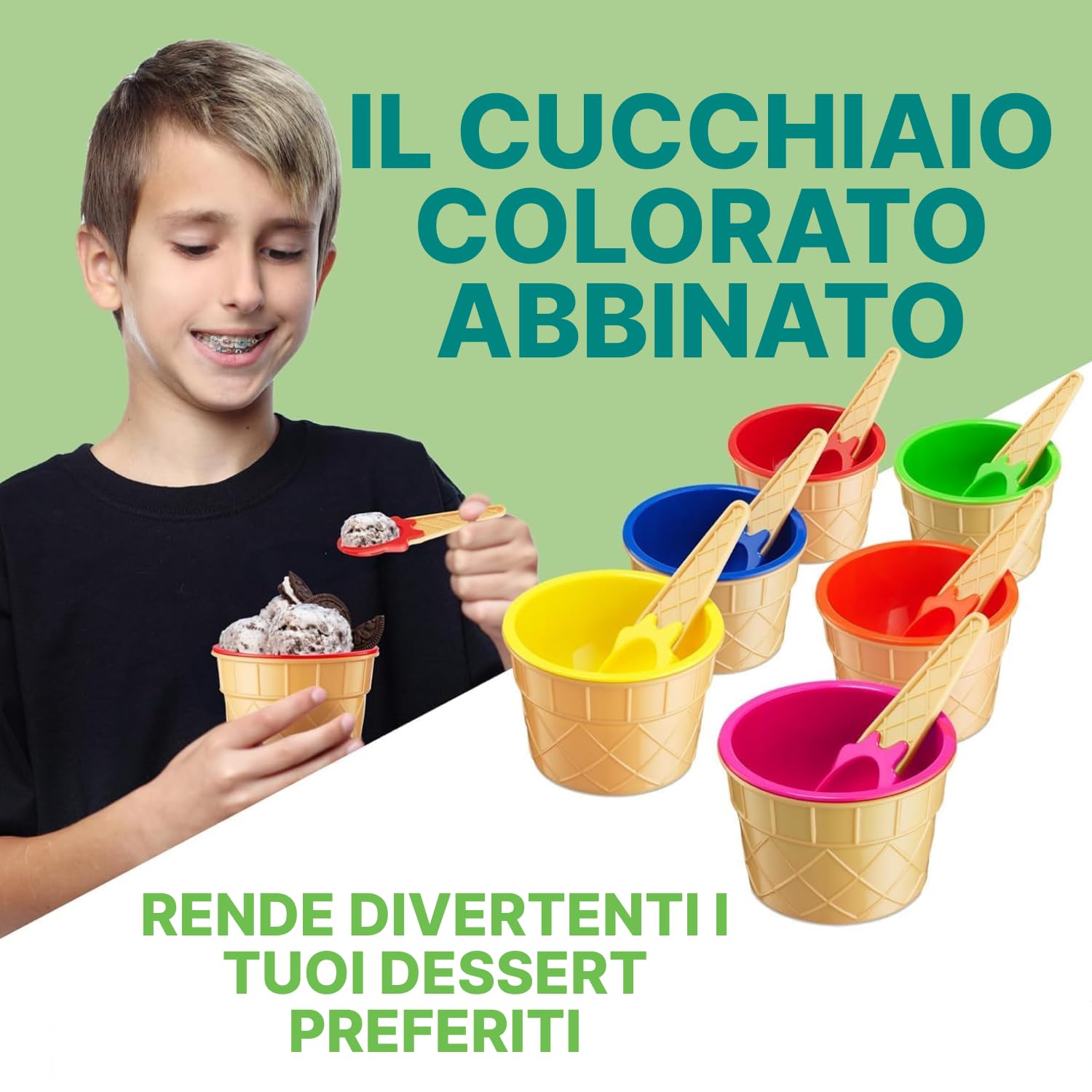 Set JoyServe 6 coppette e cucchiaini per gelato – coppette di plastica riutilizzabili e cucchiaini a cono waffle per dessert, yogurt gelato e
