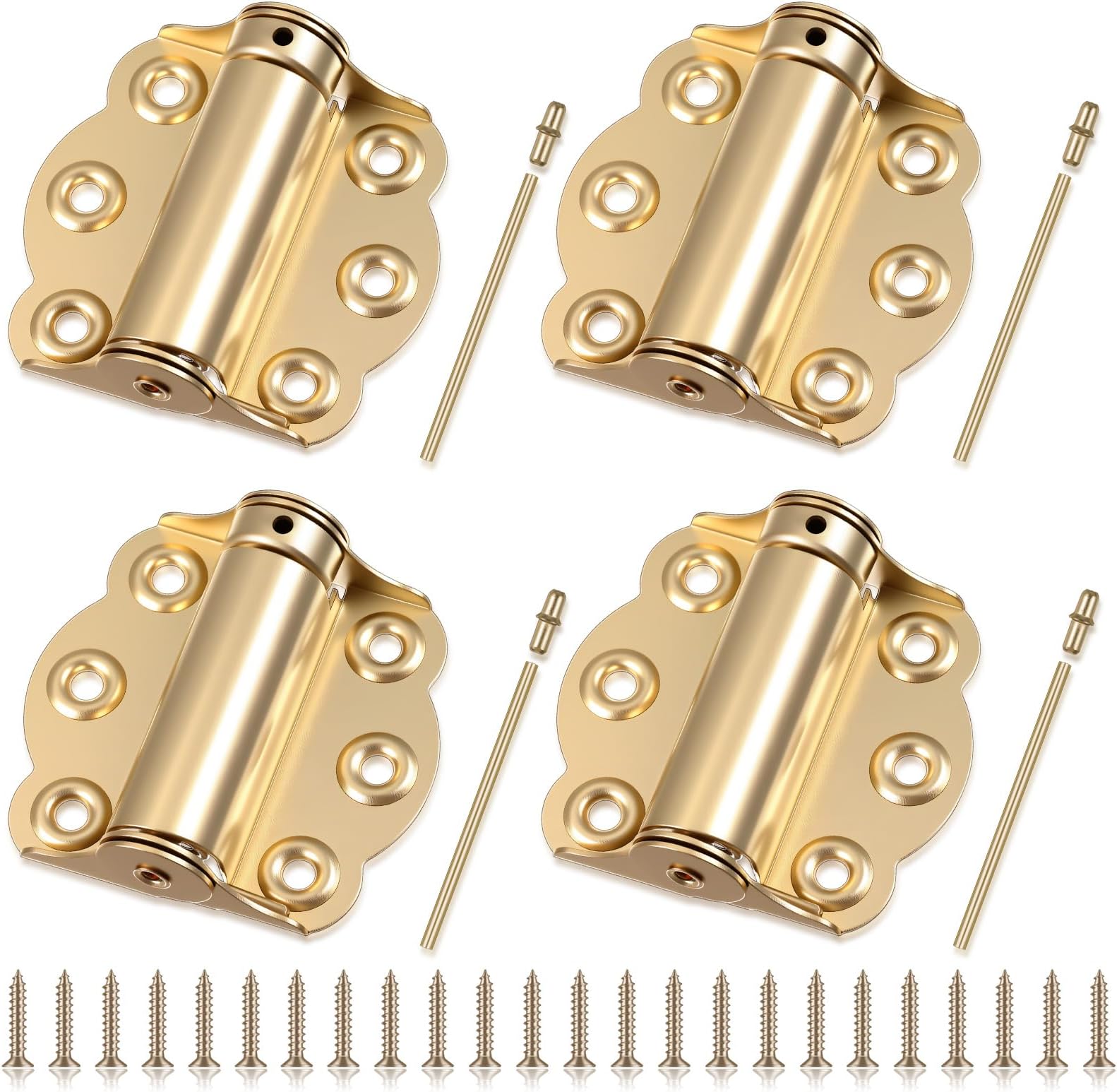 Zonon 4 Pack Self Closing Screen Door Hinge 2 3/4" Adjustable Heavy Duty Steel Spring Loaded Hinges Closer for Screen Cabinet Garage Storm Left and Right Door(Brass)