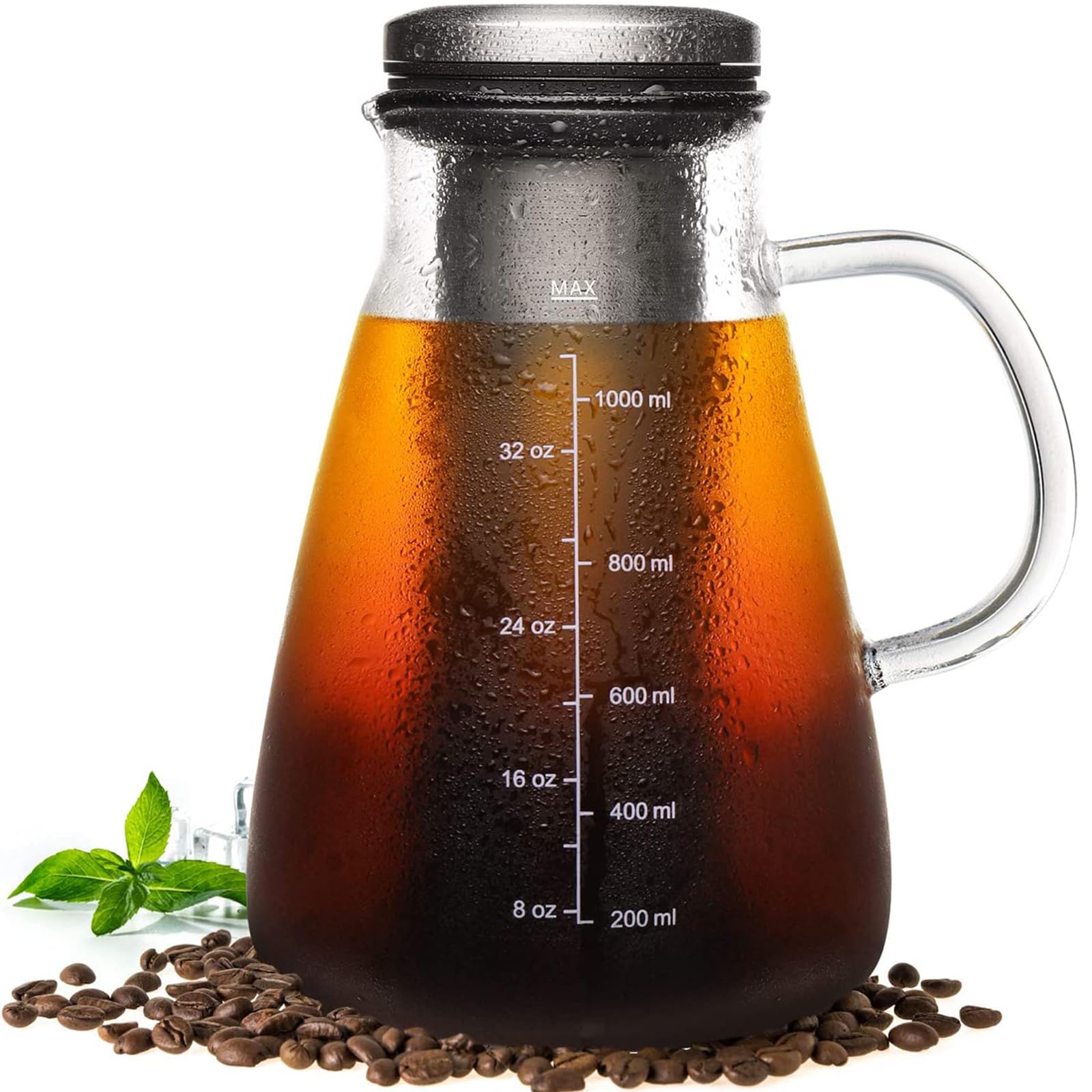 Cold Brew Iced Coffee Maker 34oz, Brewed Coffee Pot with Removable Double Mesh 304 Stainless Steel Filter, BPA-Free Cold Brew Pitcher Glass Container, Tea Maker