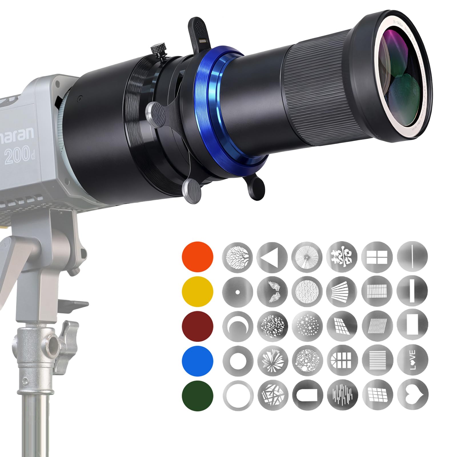 Bowens Mount Snoot Spotlight Gobo Projector with 4-Leaf Barndoor, Compatible with Aputure Amaran 60D/100D/200D, Godox SL60 AD400, Includes 5 Color Filters & 30 Gobos (100SLENS-MAX)