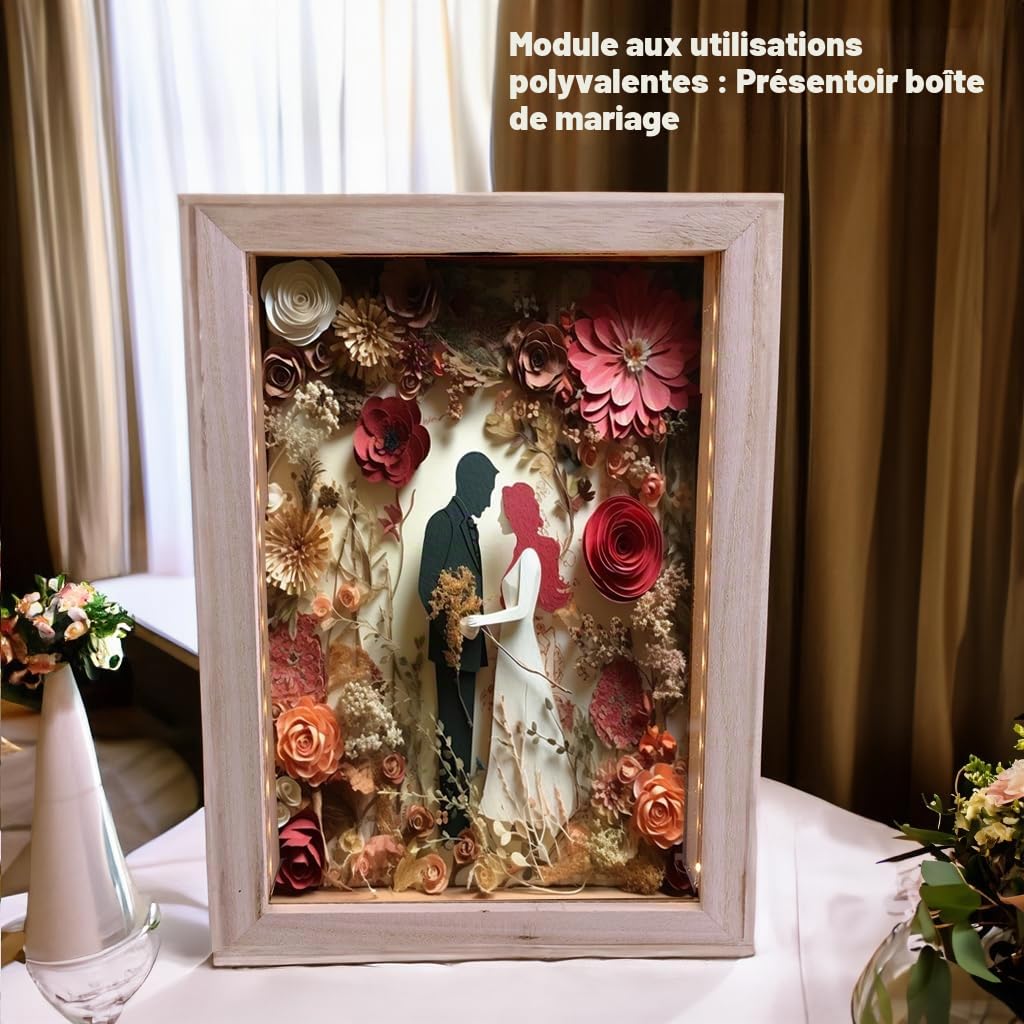 Boîte d'Ombre en Bois Naturel Rustique de 8"X11" avec Éclairage, Présentoir à LED pour Bouchons de Vin, Billets et Expositions Créatives, Présentations Artistiques