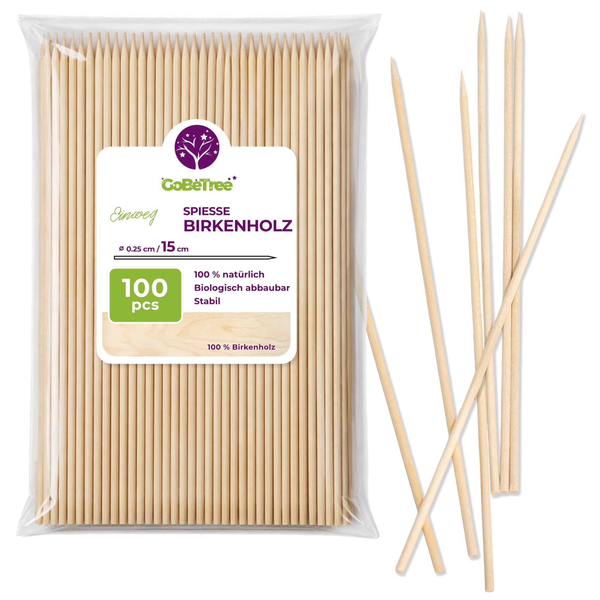 100 Premium Schaschlikspieße Holz 15 cm x 2,5 mm | Extra Robuste Grillspieße aus Birkenholz für Fleisch, Obst & BBQ | Vielseitige Holzspieße zum Grillen & Basteln