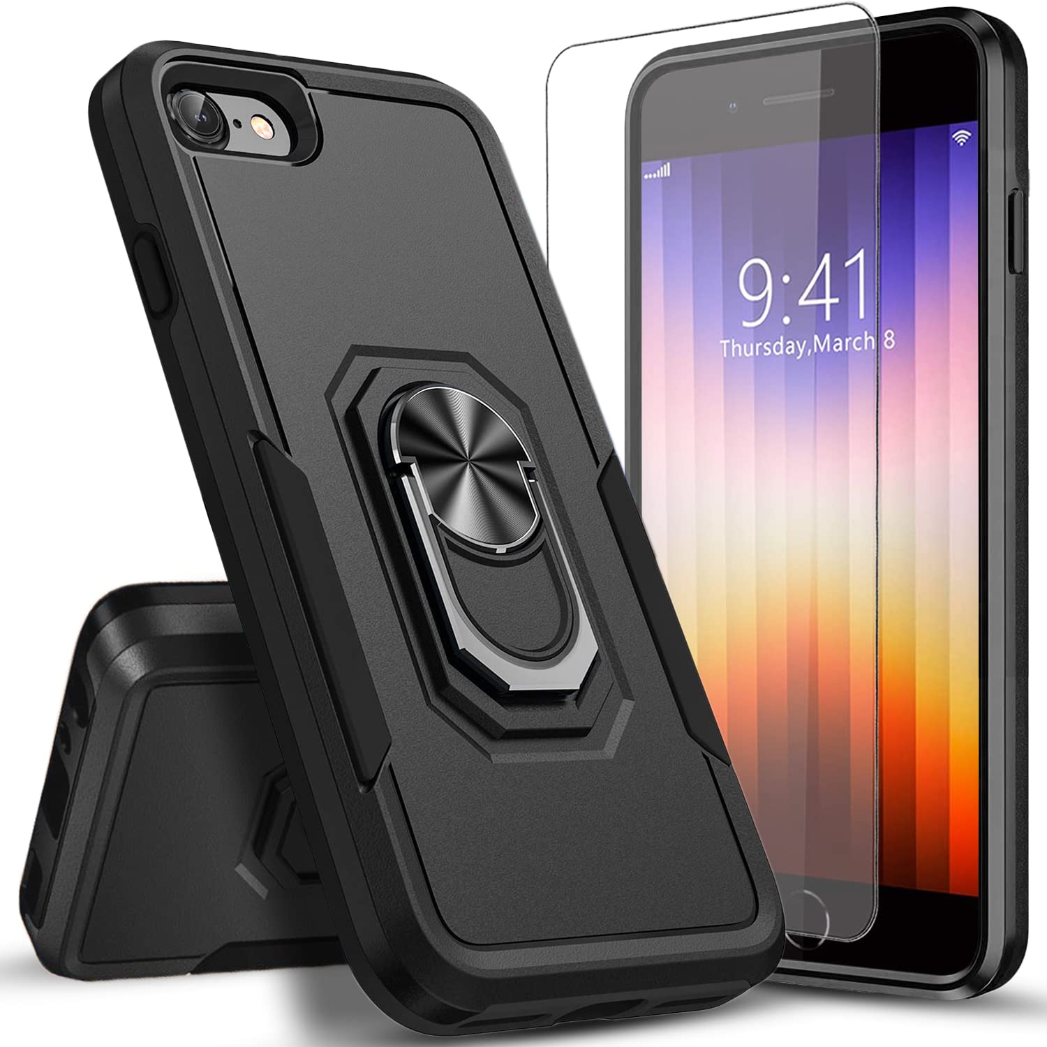 iPhone 7 8 SE 2021 Case, [Not Fit iPhone 7/8 Plus] With [Tempered Glass Screen Protector Include], Circlemalls Military Grade 12ft Shockproof All Corners Protection Ring Holder Kickstand Cover -Black