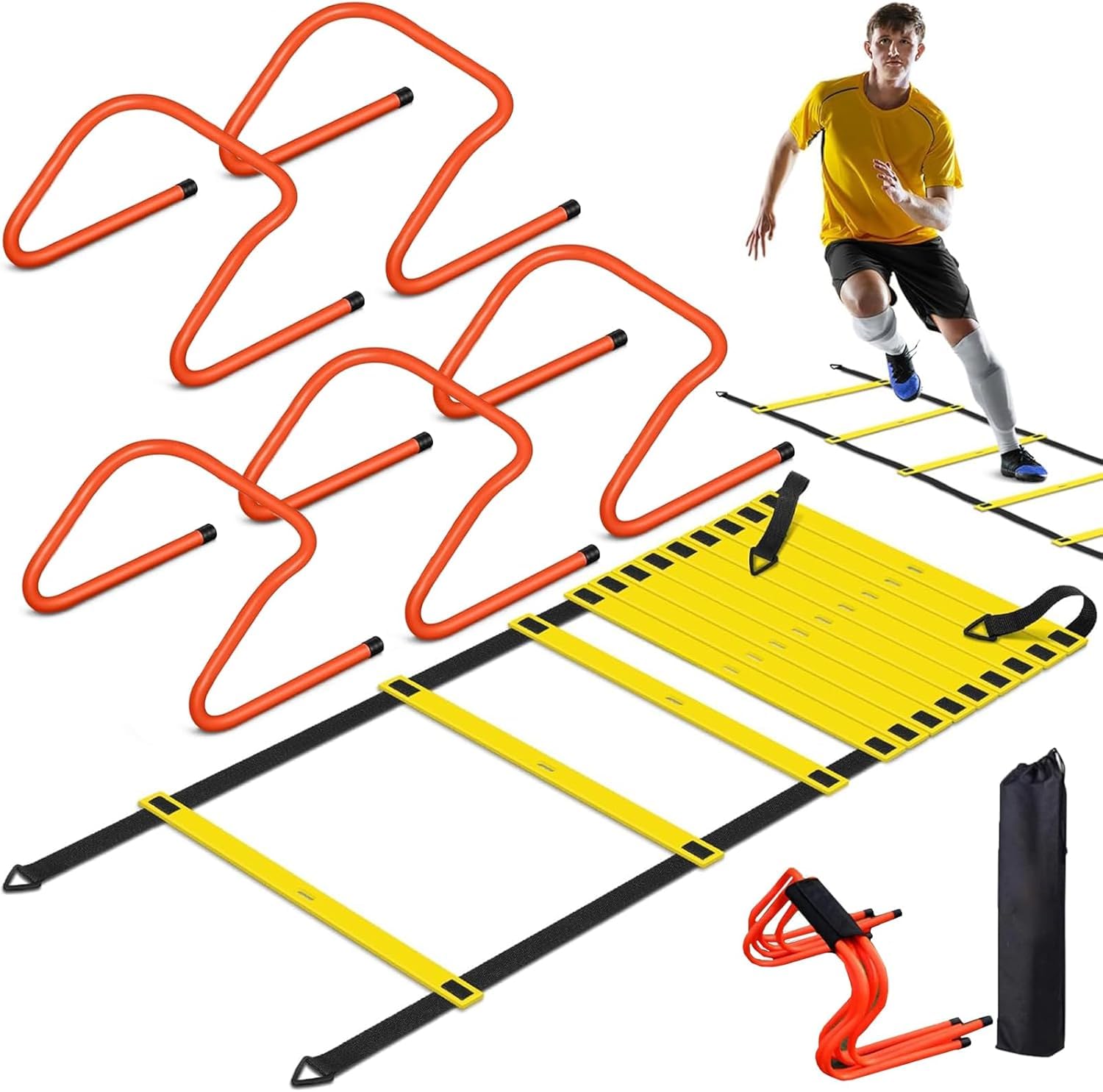 Fussball Trainingszubehör, Speed & Agility Training Set Enthält 1 Koordinationsleiter, 5 verstellbare Hürden, inklusive Aufbewahrungstasche, Trainingsgerät für alle Sportarten