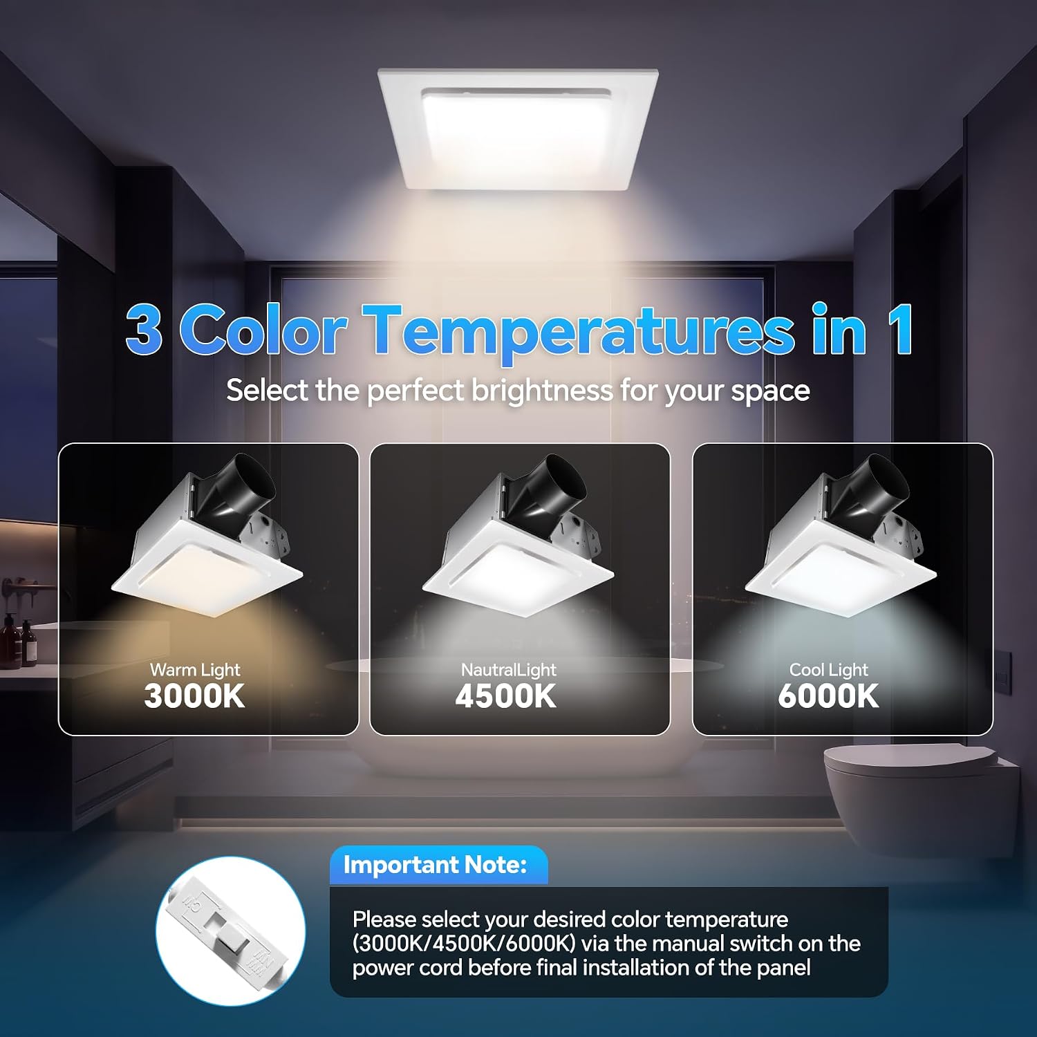 Bathroom Exhaust Fan with Light Combo,175CFM & 1.5 Sones,3-Color LED | 1.5 Sones,175CFM,3000K/4500K/6000K 3-Color Light,10x11 Mount,Ventilation Fan,4" Duct for Bathroom/Garage/Home