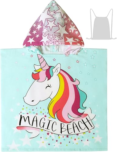 Toalla de playa con capucha de unicornio para niñas de 1 a 5 años, toalla de poncho para piscina y baño, con bolsa portátil con cordón (unicornio