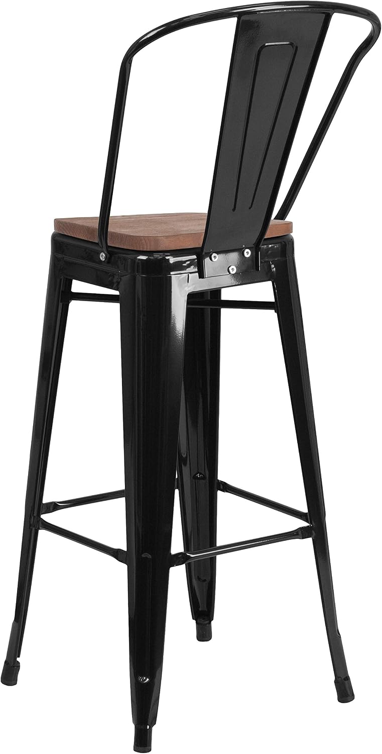 EMMA + OLIVER 30" H Black Metal Barstool with Back and Wood Seat