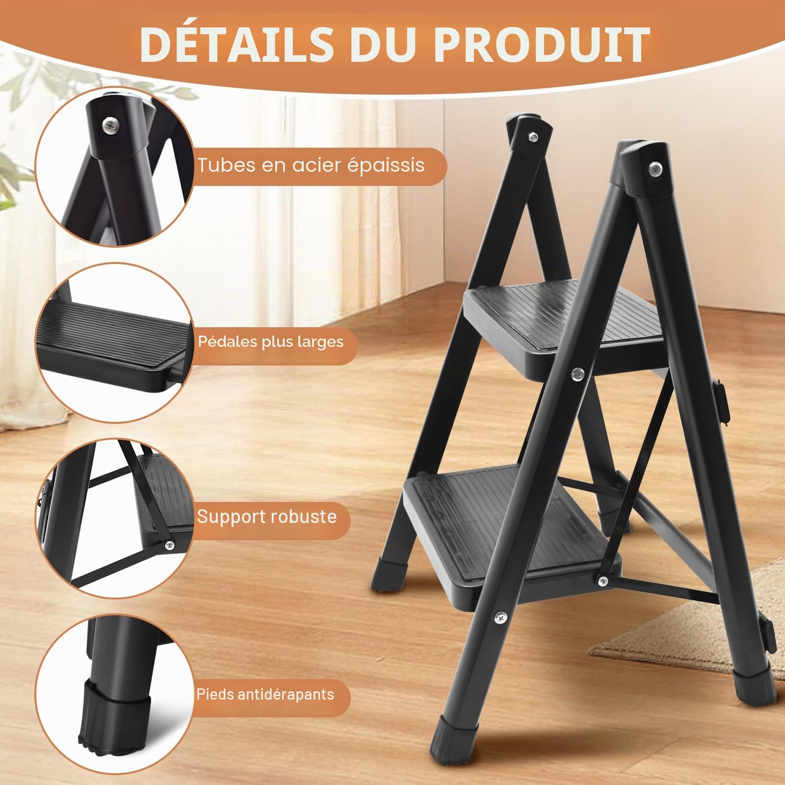 Escabeau 2 Marches, Portable Échelle Pliante Marchepied Antidérapant Charge Maximale 150 kg Acier Durable Léger Echelle Domestique Pliable pour Maison, Cuisine, Garage, Bureau