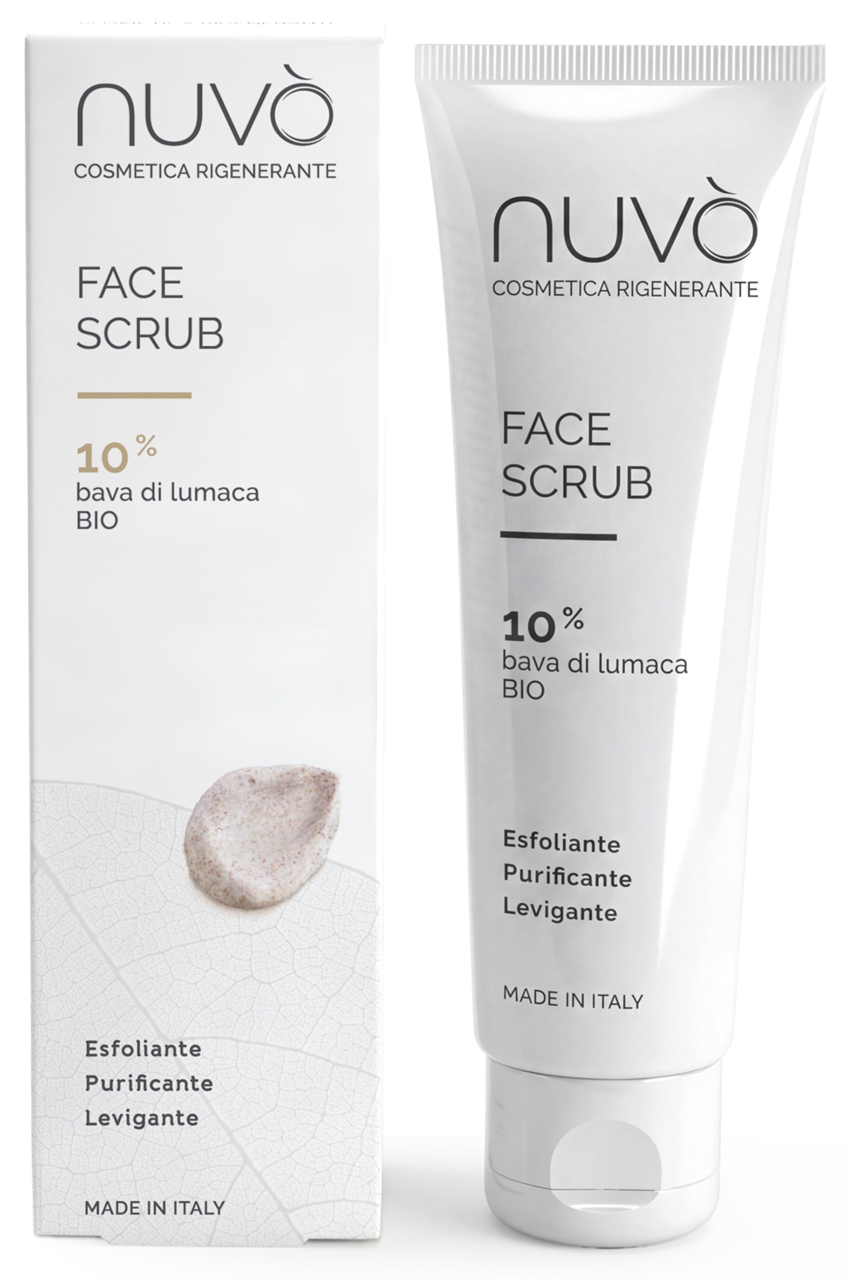 Nuvò - Scrub Viso Azione Esfoliante con Bava di Lumaca Bio 10%, 75 ml | con Acido Salicilico, Mandorla e Nocciola, pulizia profonda per uso quotidiano, per pelli miste, Made in Italy