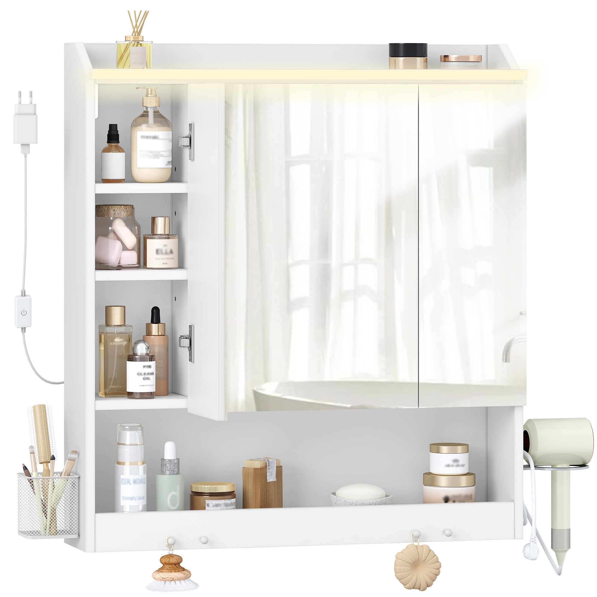 HEXCELEN Armario de Baño con Espejo y Luz LED, Armario de Pared, Compartimento Abierto, Estante Interior Ajustable, Mueble Espejo de Pared, Blanco, 15 x 70 x 78,8 cm 590303X