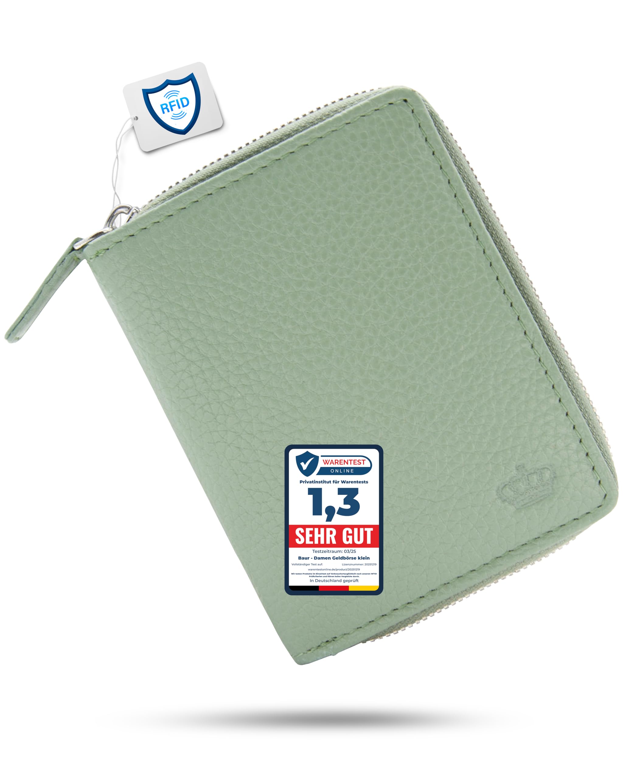 Baur Damen Geldbörse – Echtes Leder mit RFID-Schutz – Kleines Portemonnaie mit 6 Kartenfächern – Druckknopfverschluss & Münzfach mit Reißverschluss (Salbei-Grün)