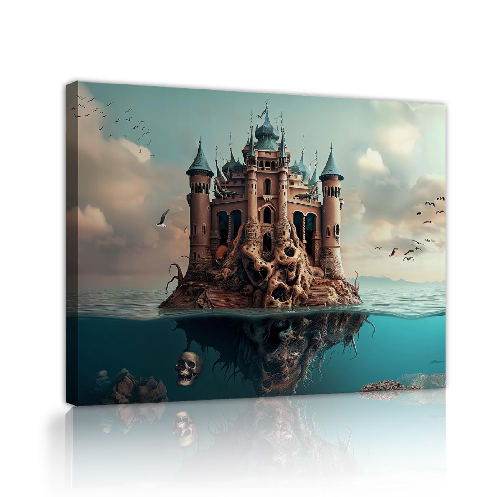 UIRINGART Palais gothique squelette toile art mural horreur crâne impression sur toile affiche surréalisme paysage photo oiseaux volants décor mural 75x100cm cadre intérieur
