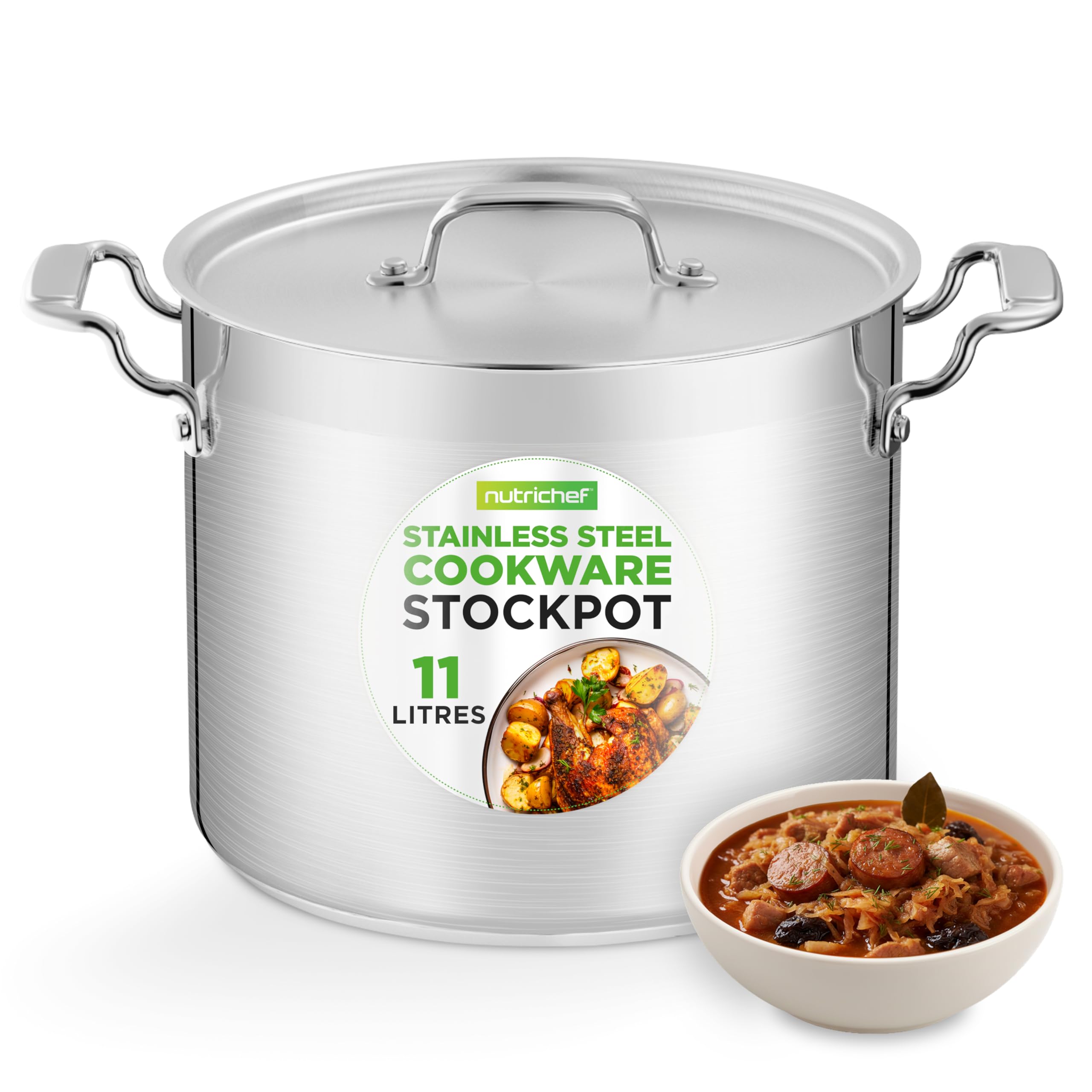NutriChef Stainless Steel Stock Pot 11 Litre – Large Induction Cooking Pot with Lid, Food Grade Steel, Mirror Finish, for Soups, Stews, Pasta, Catering, Gas, Electric & Halogen Hob Compatible