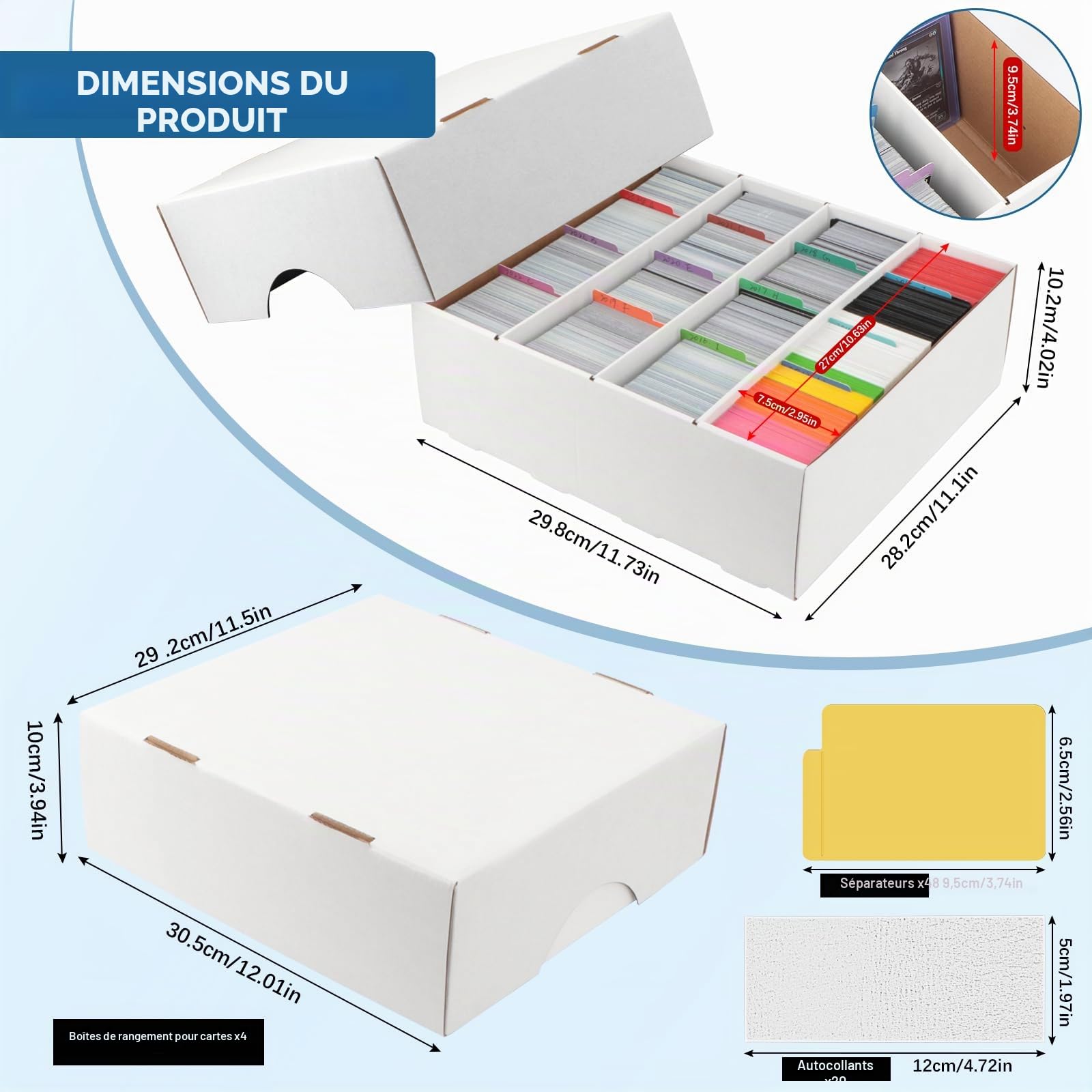 AOBOPLE 4 Rangées Boîte de Rangement de Cartes,Pour 13760+ Boîte de Rangement Pour Cartes à Collectionner Avec 48 Séparateurs Colorés et Rubans,Boîte de Rangement Pour Carte de TCG.