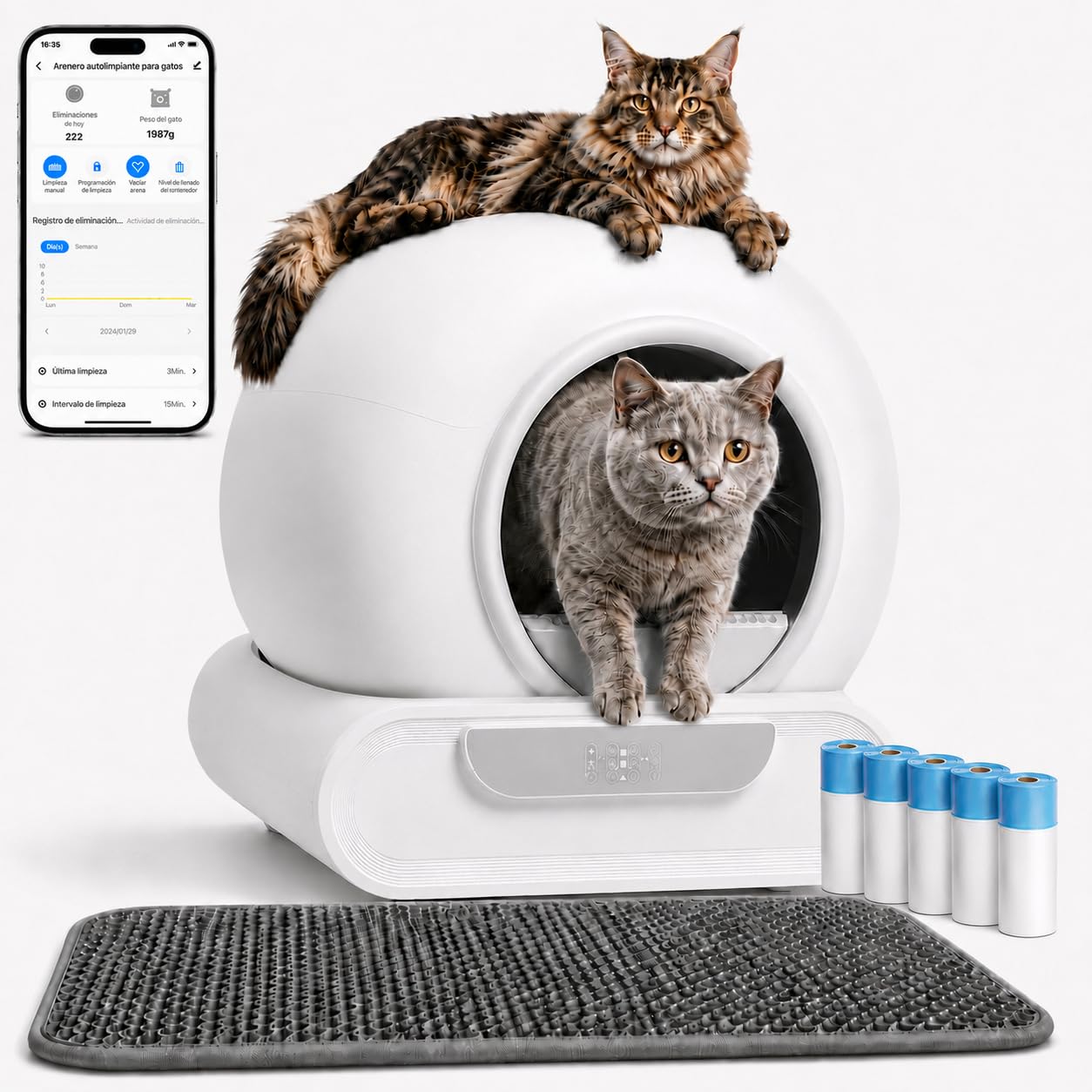 Arenero Gatos Autolimpiable XXL 65L+9L, Arenero Automatico con Control App WiFi 2.4GHz, Monitorización de Peso y Actividad, Sistema Antiodor, para Varios Gatos 1-8 kg (H)