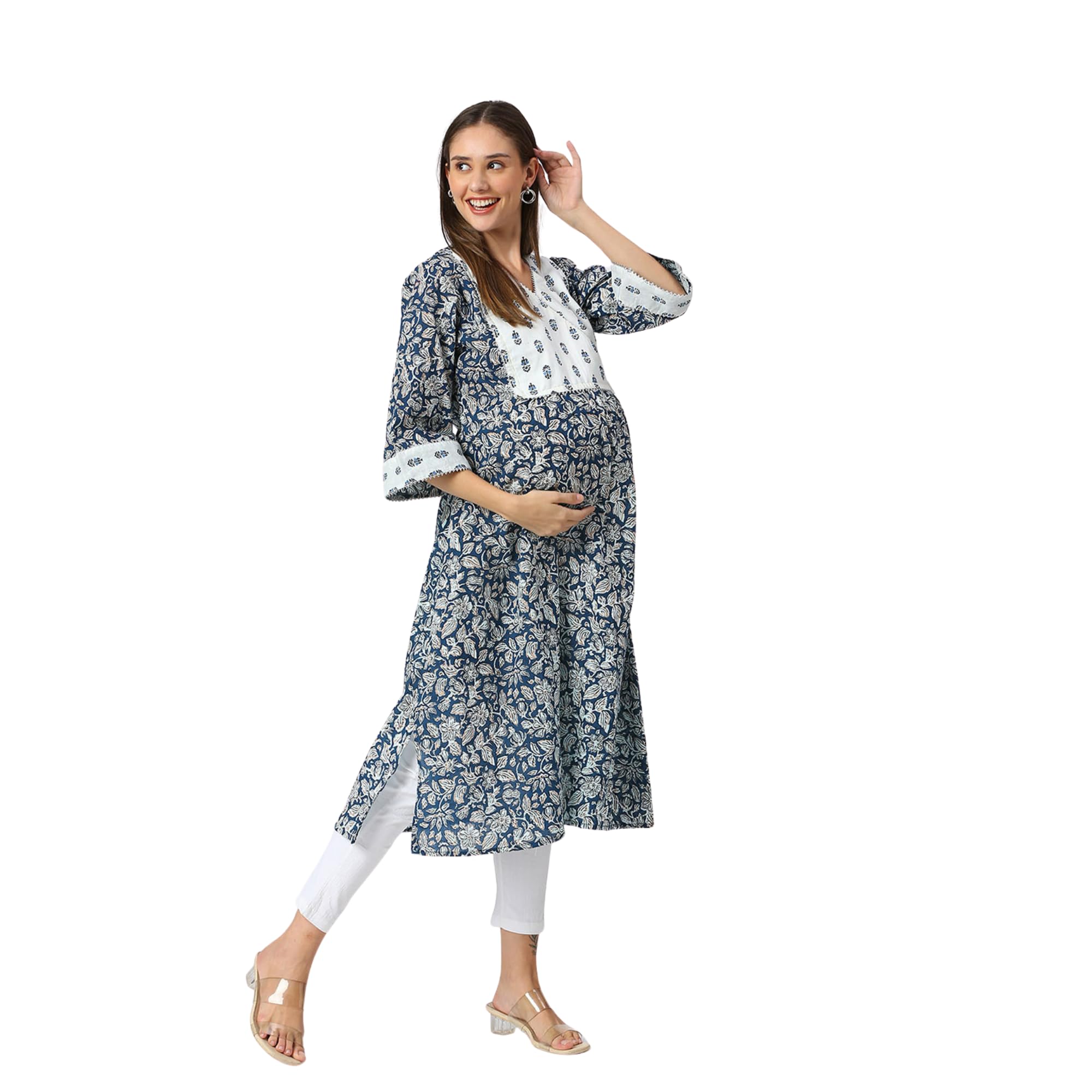 White Blue Floral Maternity Kurta-image-29