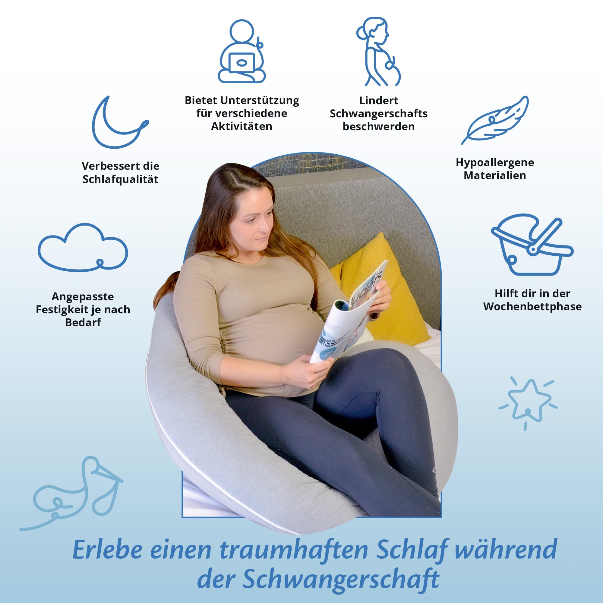 Ella Schwangerschaftskissen, J-förmiges Seitenschläferkissen, U-Kissen, Stillkissen mit waschbarem Baumwollbezug, Ganzkörperkissen & Stützkissen für Frauen, Seitenschläfer - 155 x 80 cm, grau