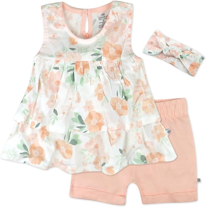 HonestBaby 3-Piece Top, Short and Headband Set for Baby Toddler Girls
