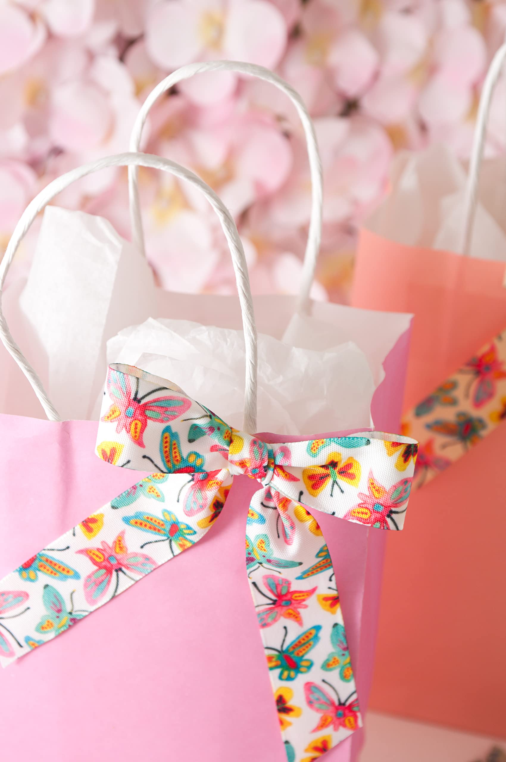 Berisfords Taffeta Spring Patterned Ribbon ‘Butterfly Sky’ Multicolour on Yellow 25mm Wide 25m Reel, Yellow/Multi, 25mm x 25m - Image 2