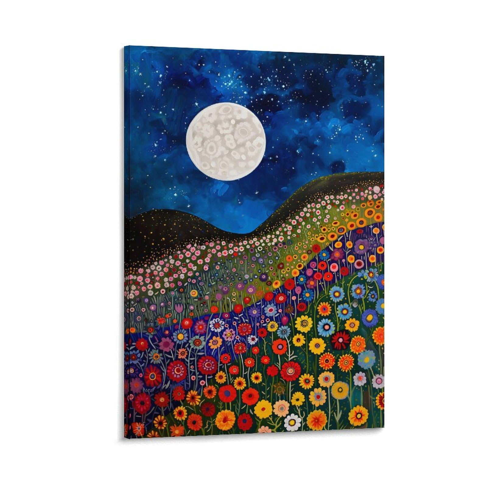 Gustav Klimt Mural Moon Night Sky Flowers Floral Posters Decorative Painting Canvas Wall Art Living Room Decor Posters 24x36inch(60x90cm)
