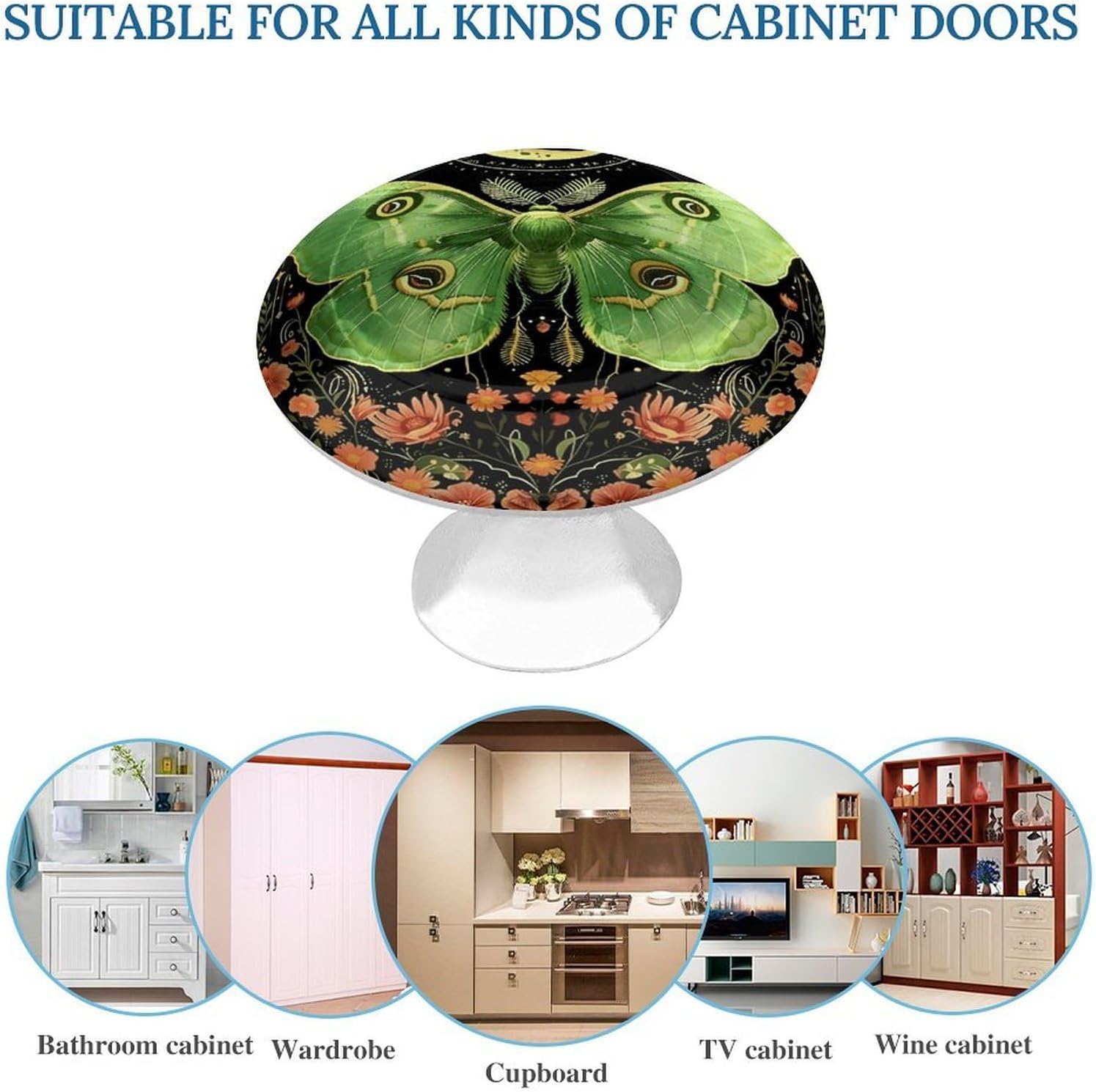 2 Pack Cabinet Knobs,Decorative Drawer Pulls, Green Luna Moth Floral image 3