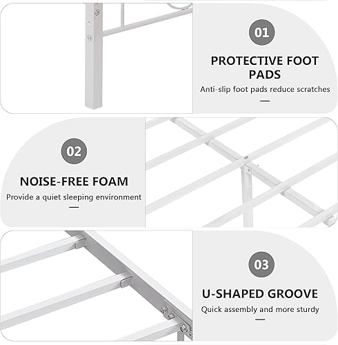 Miniatura 75 de VECELO Base de cama tamaño individual con cabecero y estribo, soporte de listones de metal resistente, base de colchón de plataforma, no necesita