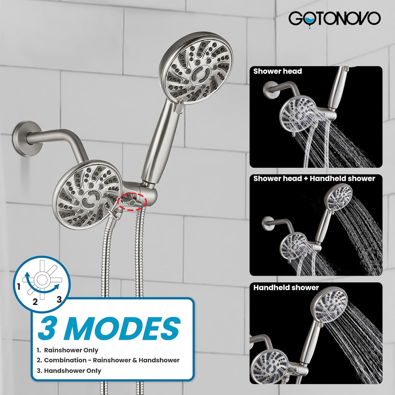 gotonovo Dual 2 in 1 Shower Head Kit High Pressure Combo System Shower Faucet 6 Modes ABS Handheld Spray Shower Trim Kit with Valve Shower Head and Handle Set Brushed Nickel