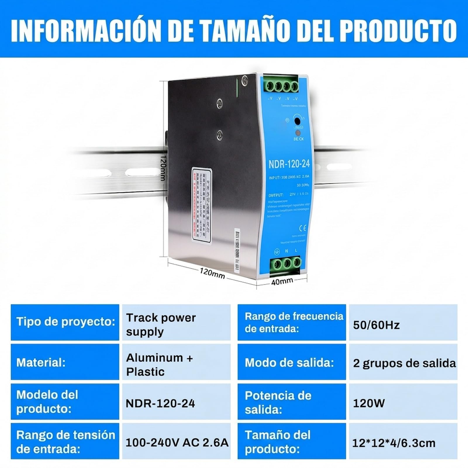 DIN Power 120W Fuente de alimentacion carril din 24V Alimentation sur rail din para entrada de CA 100-220V 2,6A, salida de CC 24V 5A Varias funciones de protección Modelo industrial NDR-120W-24V.